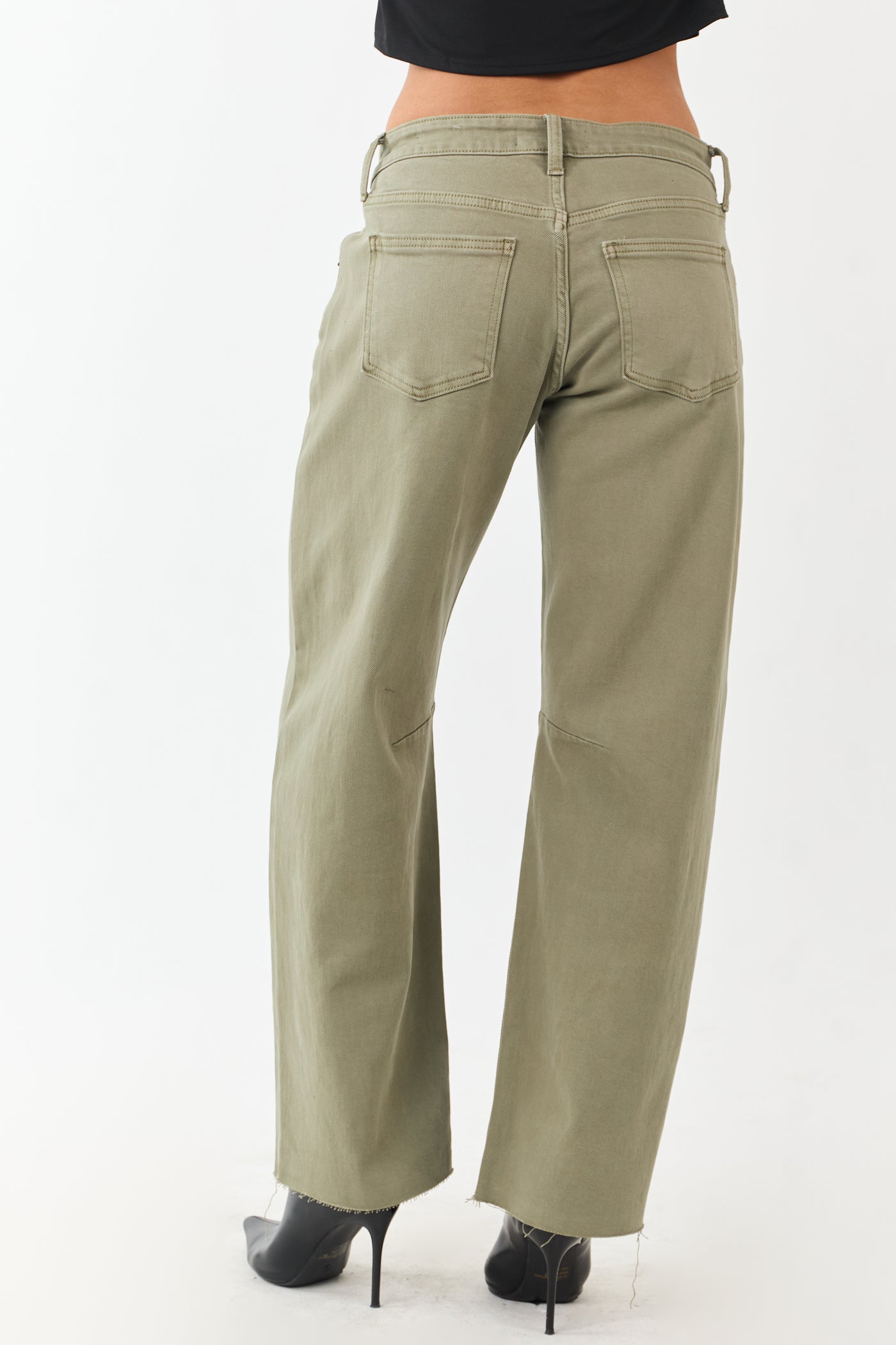 Antique Olive Mid Rise Raw Hem Barrel Jeans