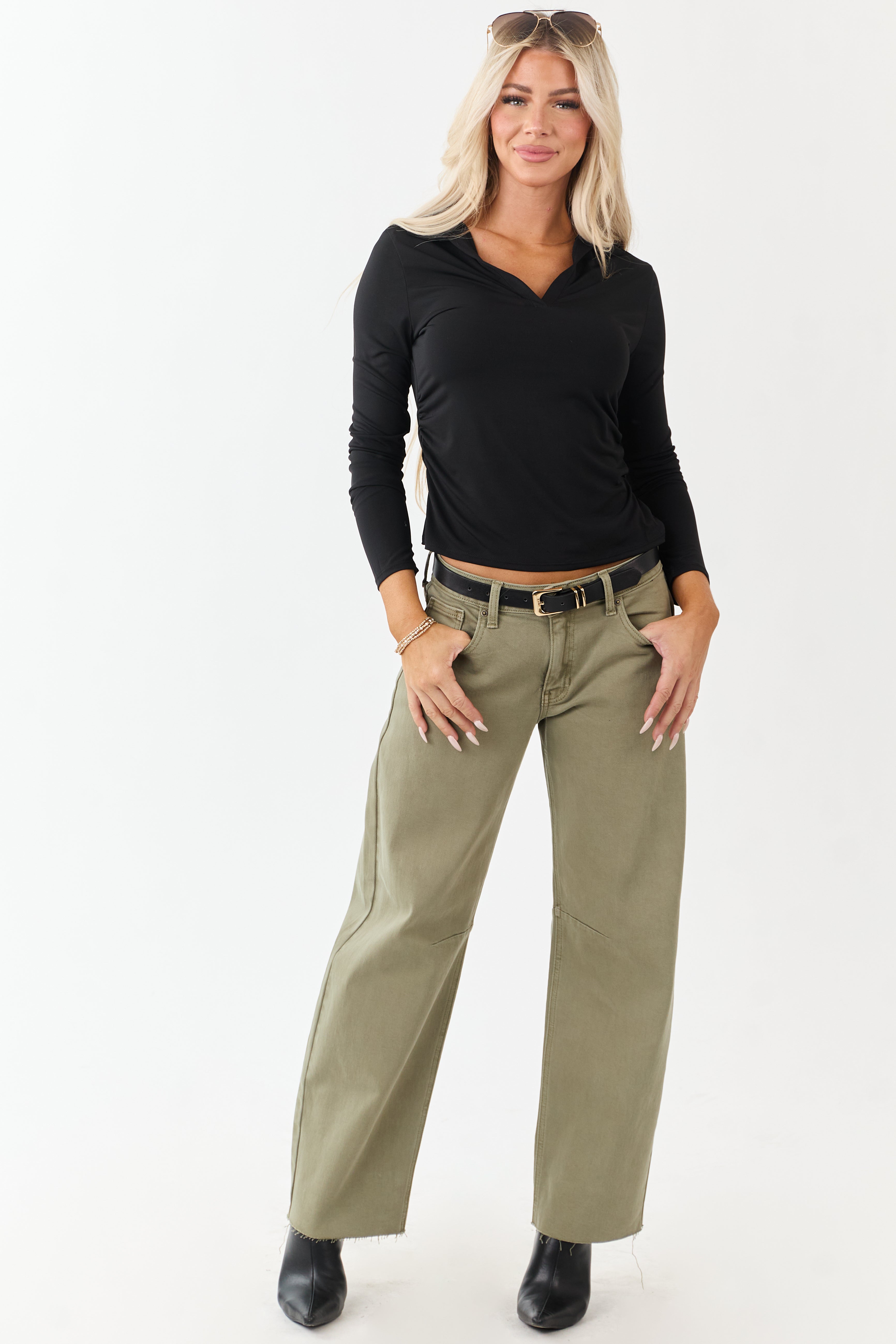 Antique Olive Mid Rise Raw Hem Barrel Jeans