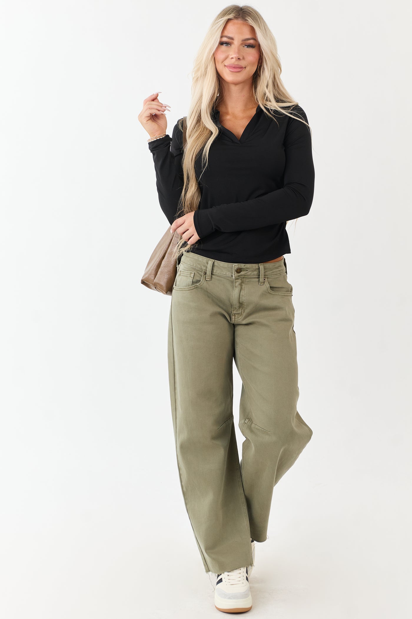 Antique Olive Mid Rise Raw Hem Barrel Jeans