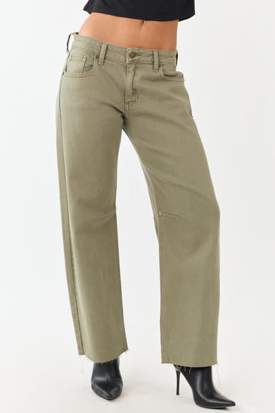Antique Olive Mid Rise Raw Hem Barrel Jeans