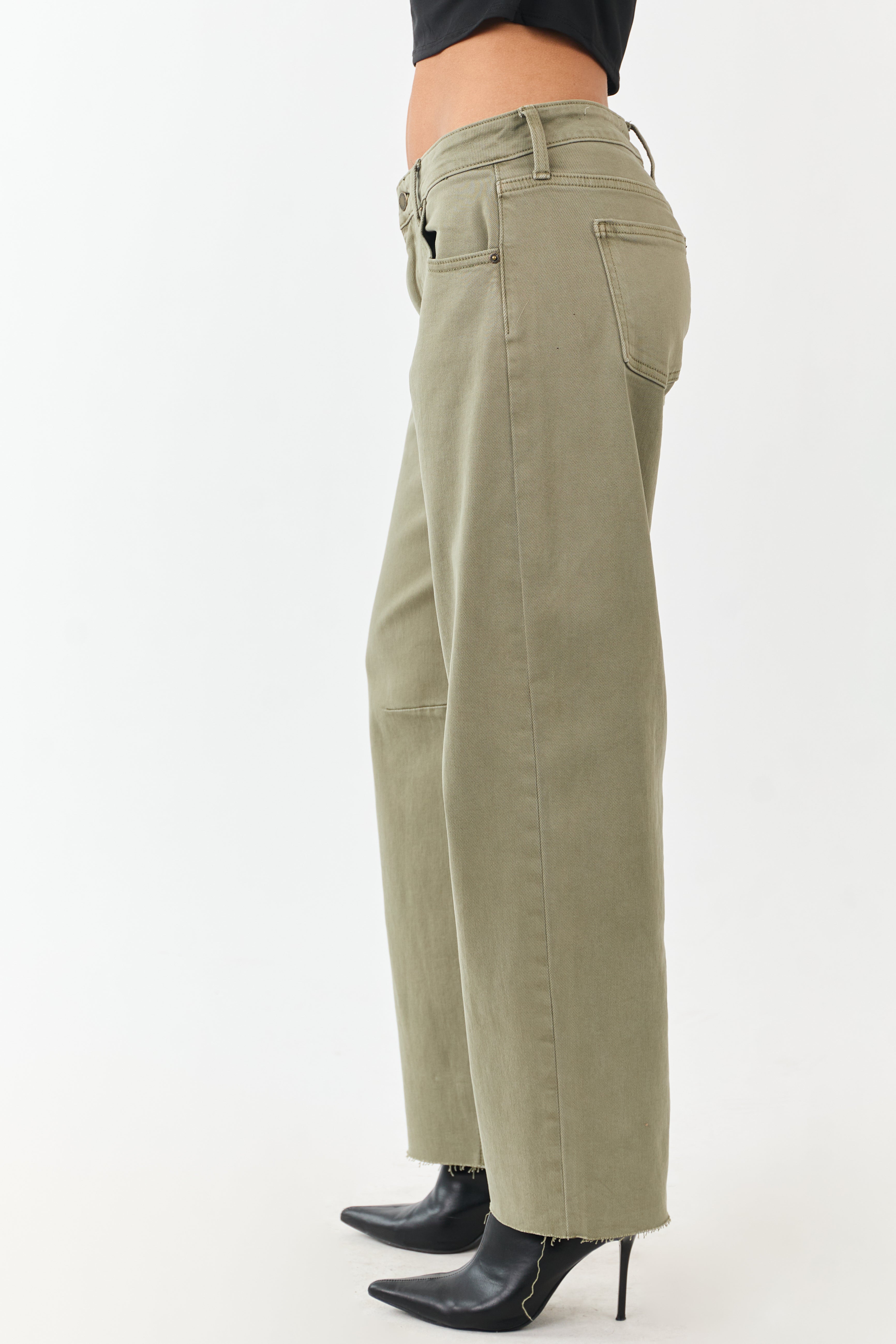 Antique Olive Mid Rise Raw Hem Barrel Jeans