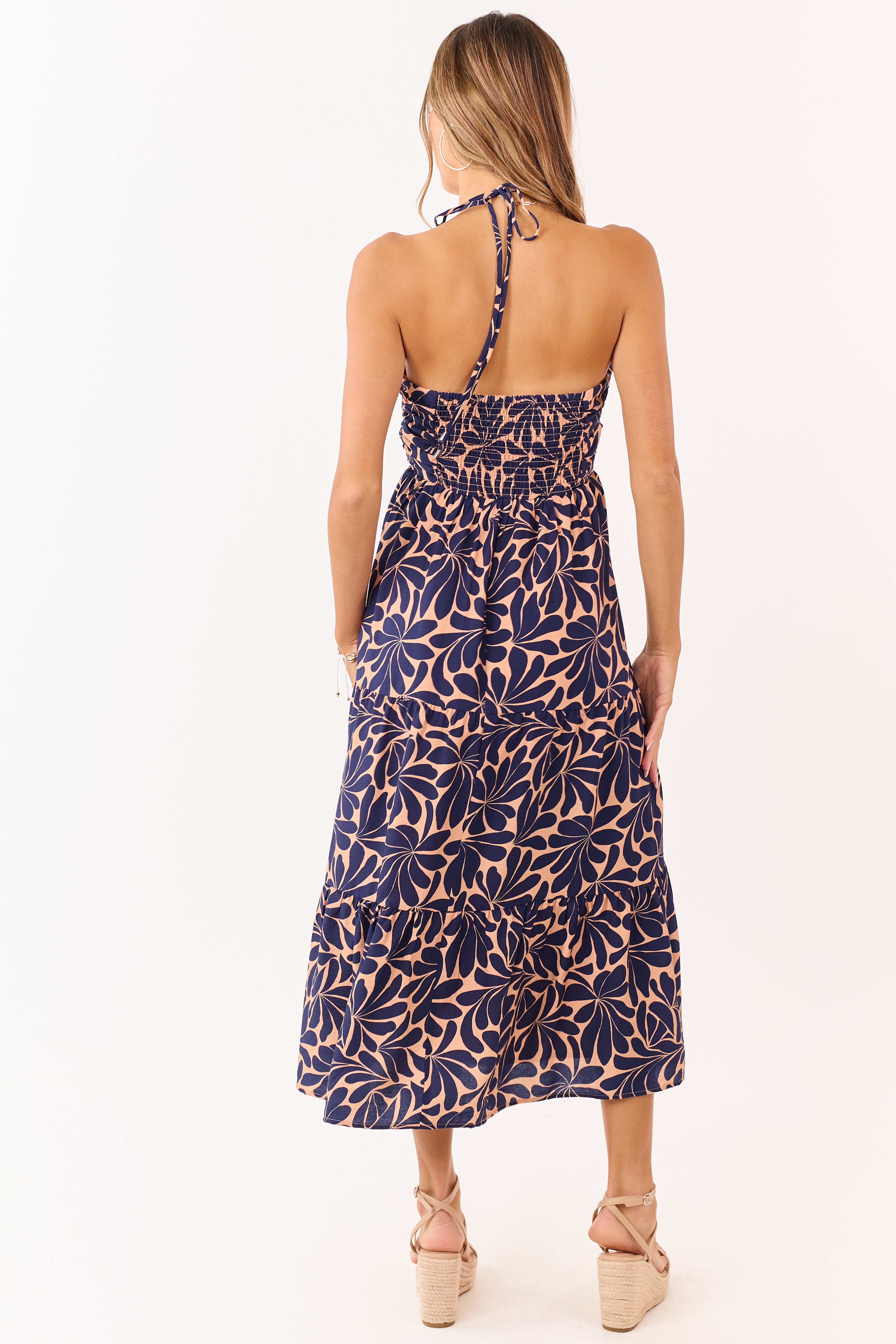Apricot Botanical Abstract Print Halter Maxi Dress