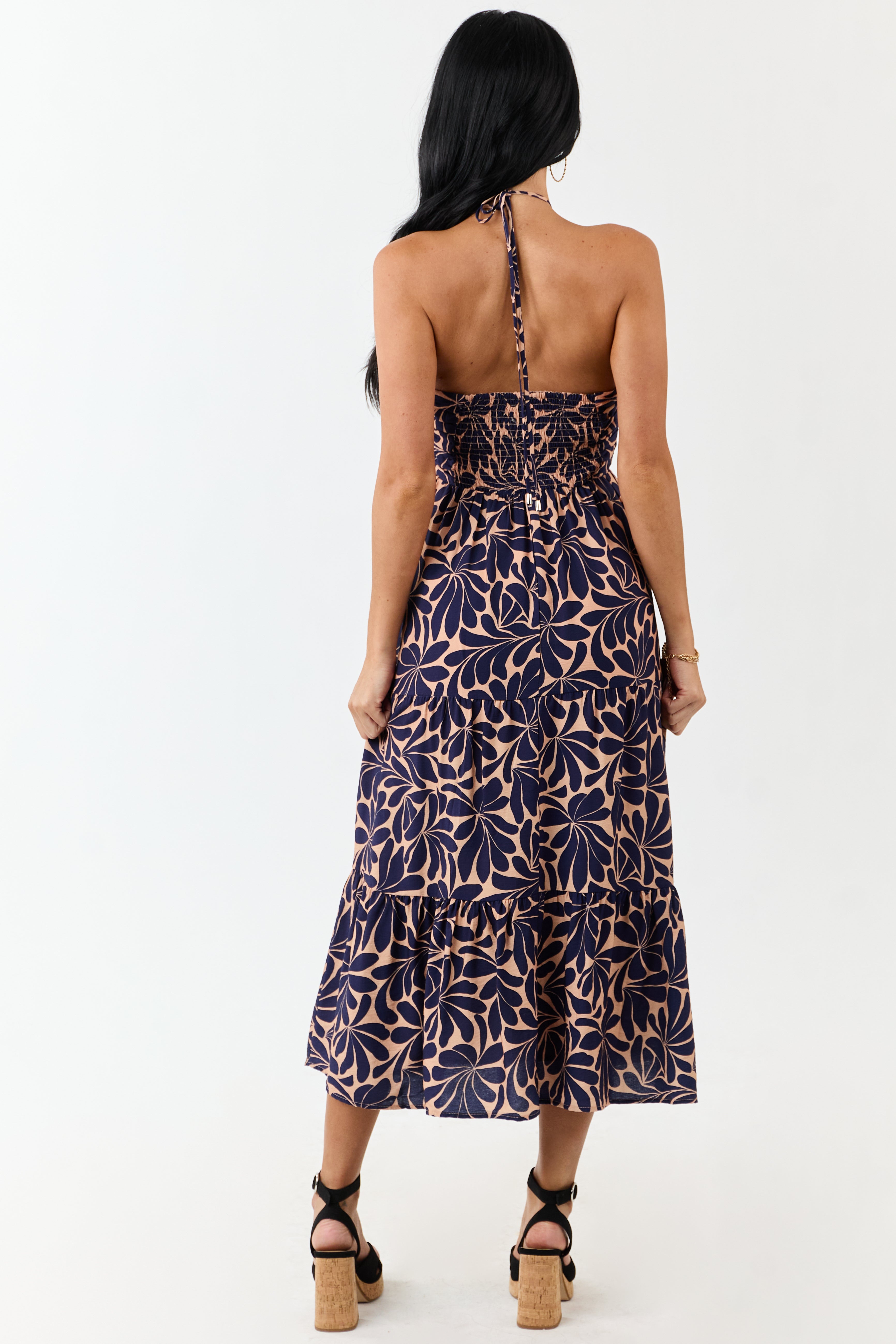 Apricot Botanical Abstract Print Halter Maxi Dress