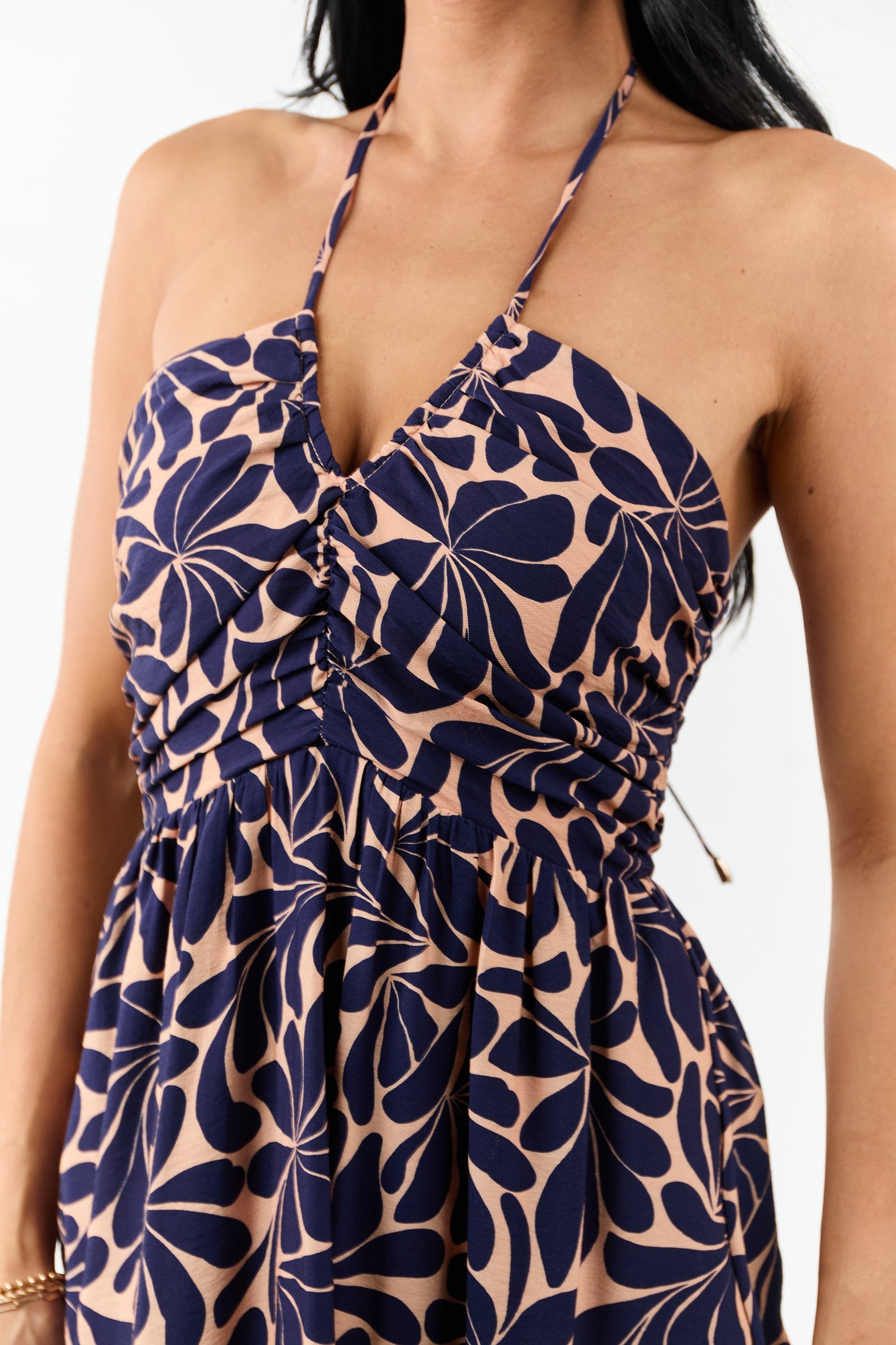 Apricot Botanical Abstract Print Halter Maxi Dress
