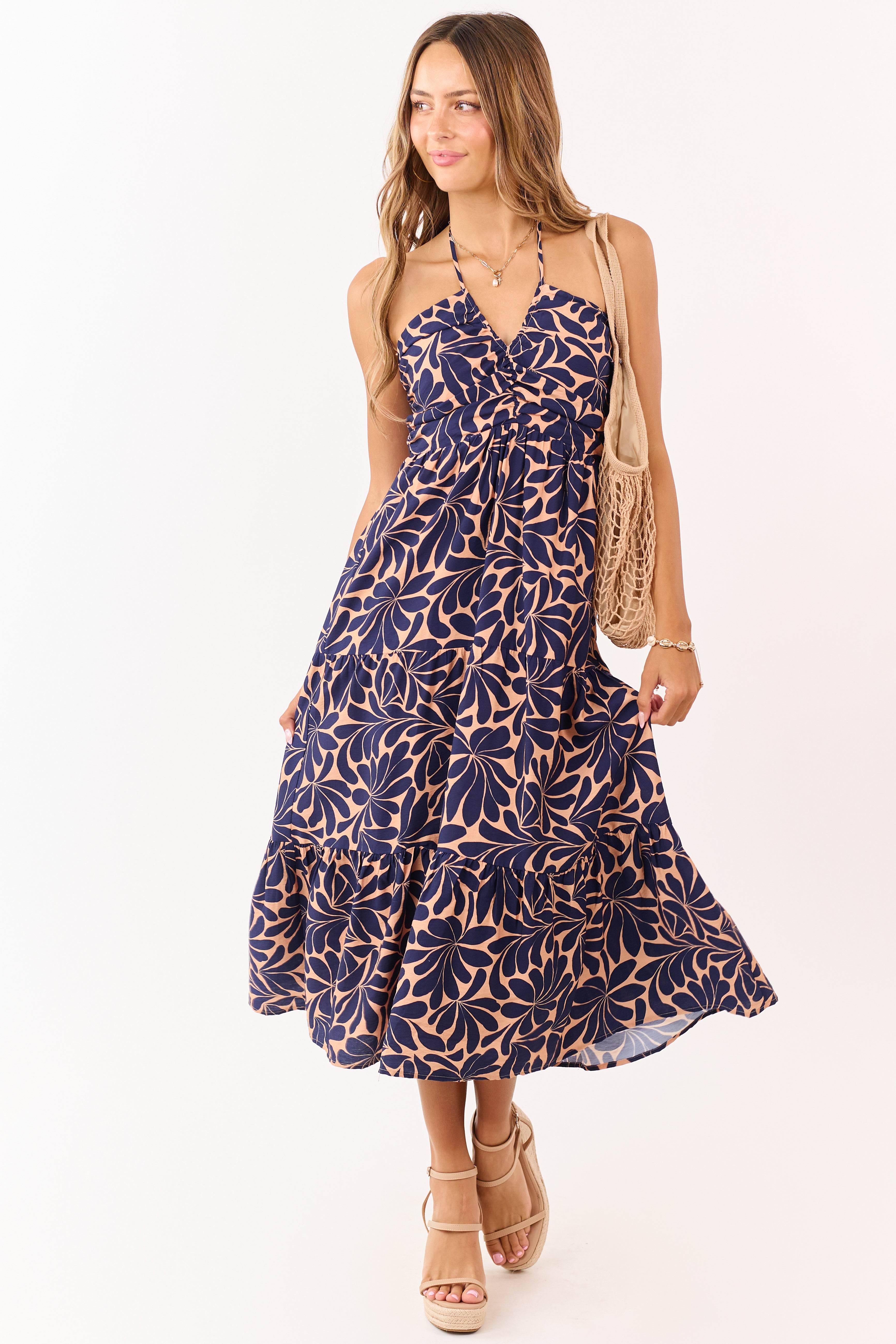 Apricot Botanical Abstract Print Halter Maxi Dress | Lime Lush Boutique