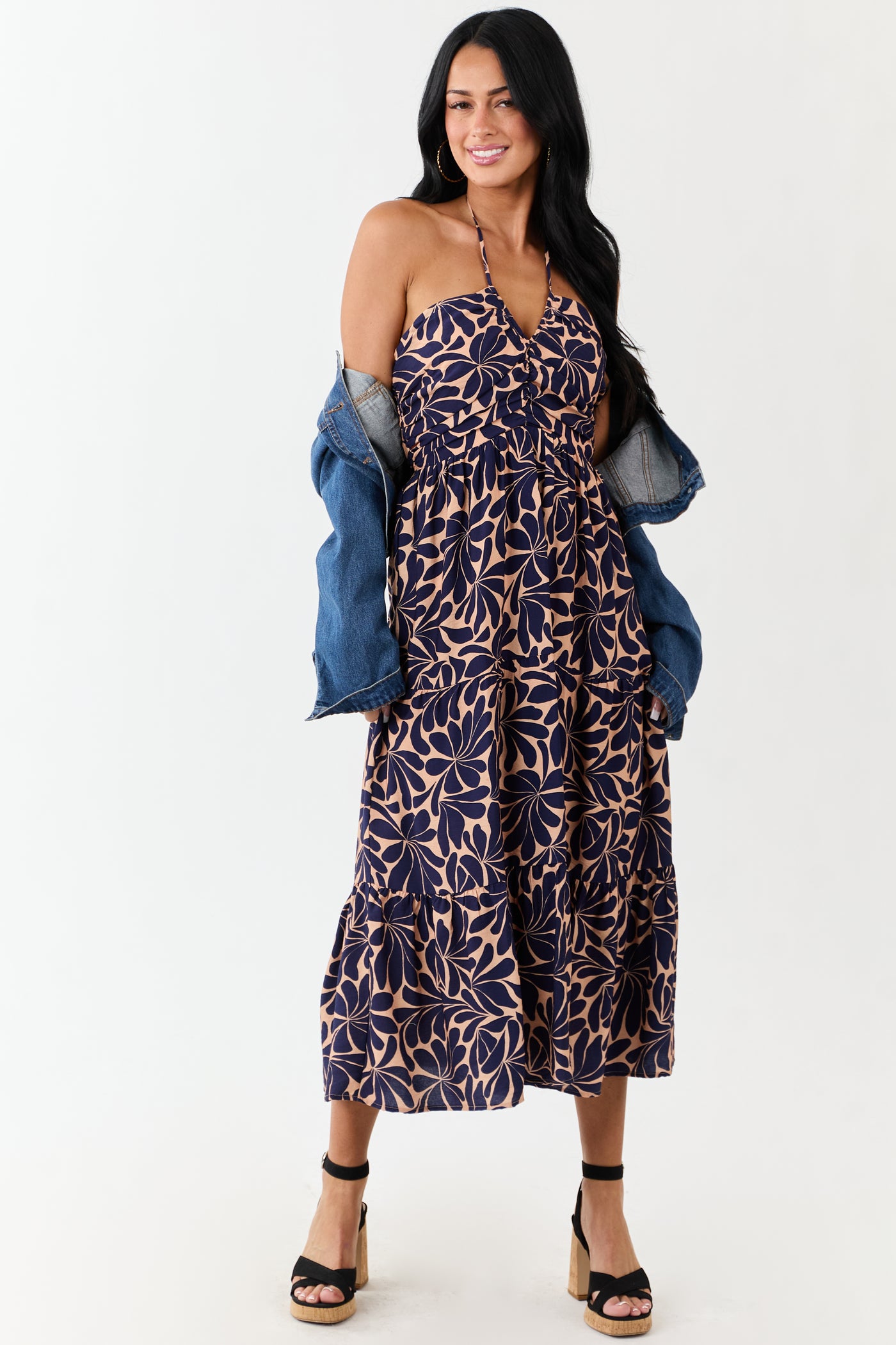 Apricot Botanical Abstract Print Halter Maxi Dress