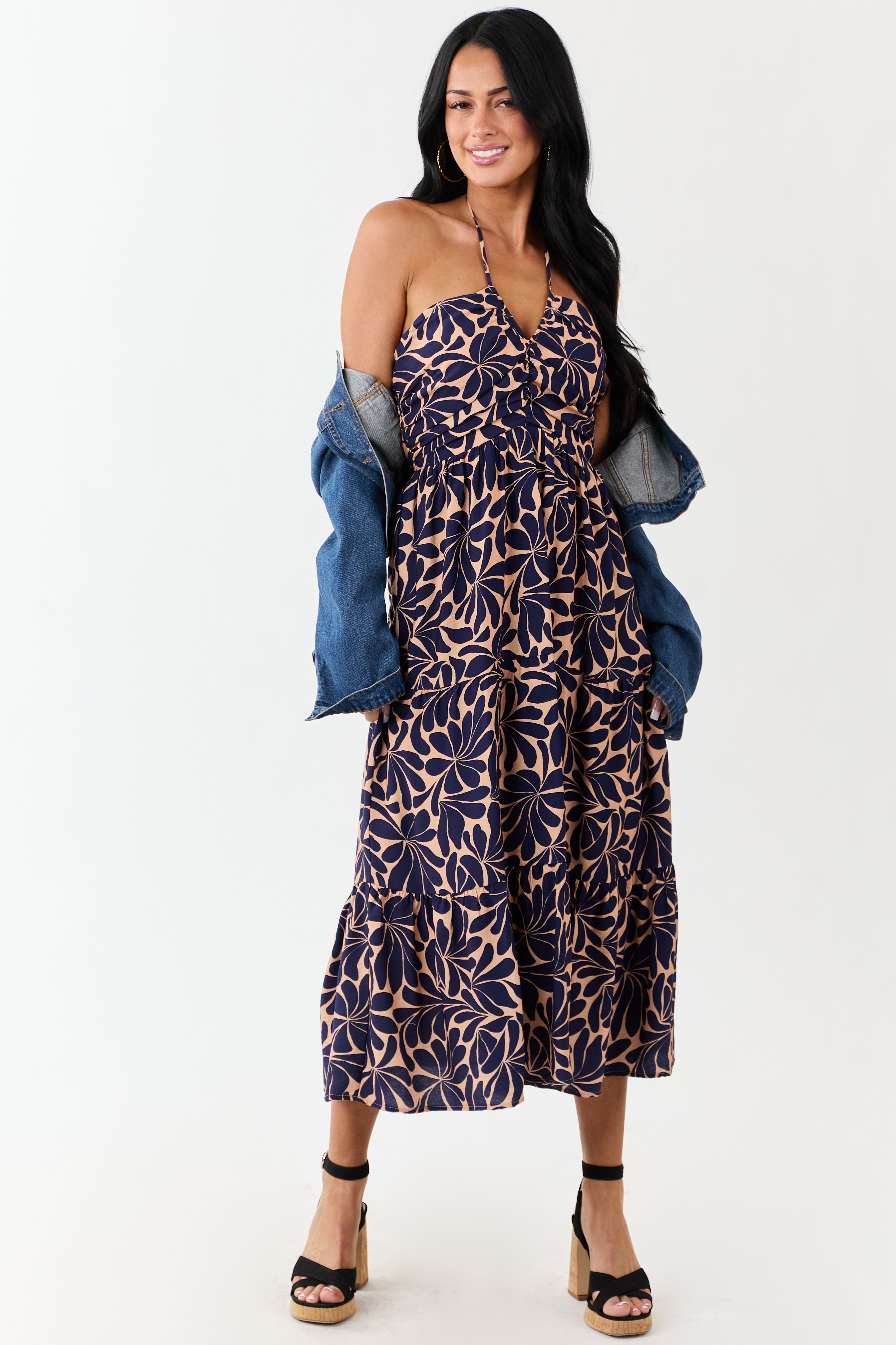 Apricot Botanical Abstract Print Halter Maxi Dress