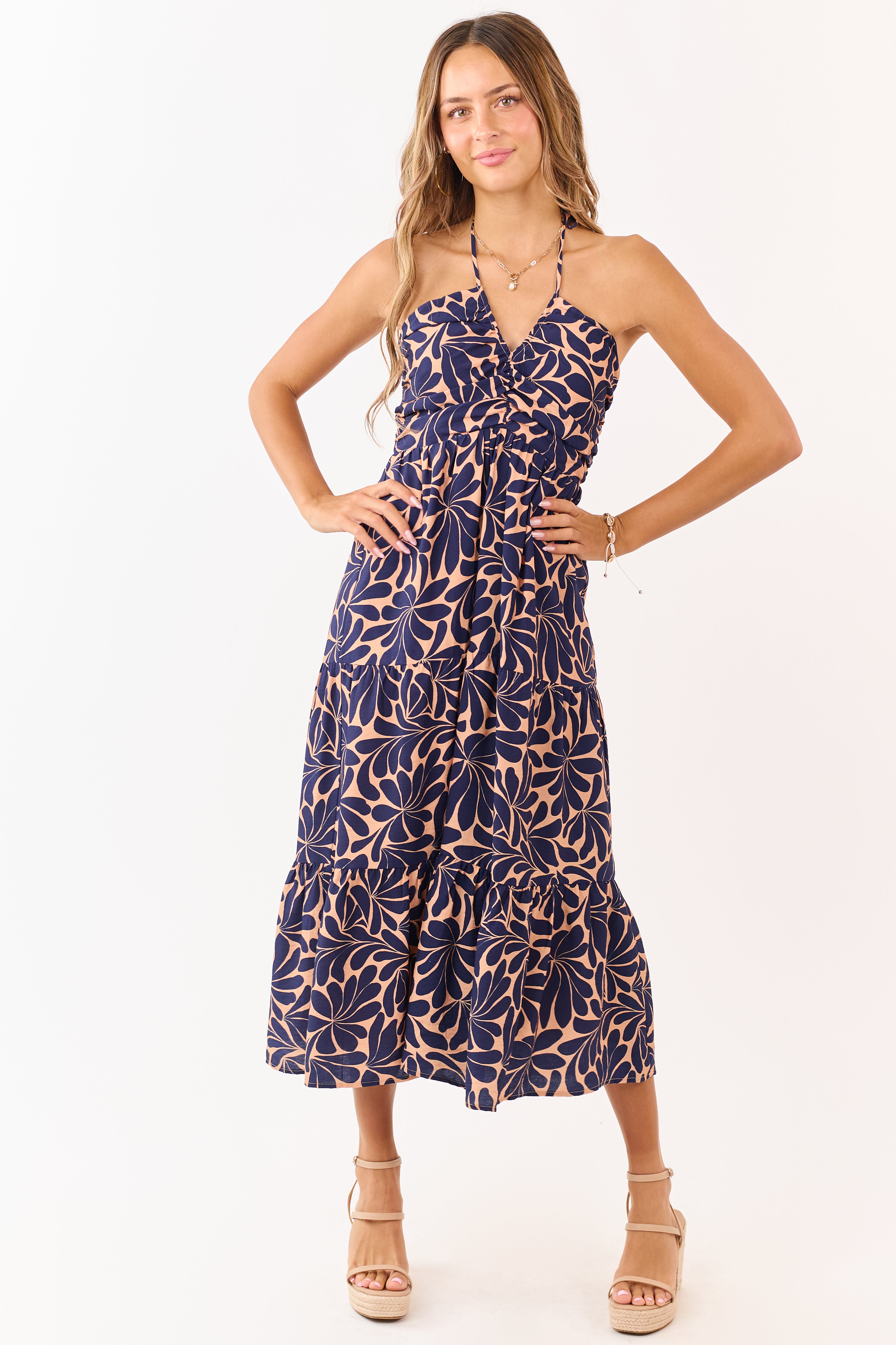 Apricot Botanical Abstract Print Halter Maxi Dress