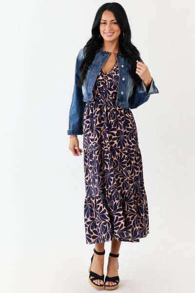 Apricot Botanical Abstract Print Halter Maxi Dress