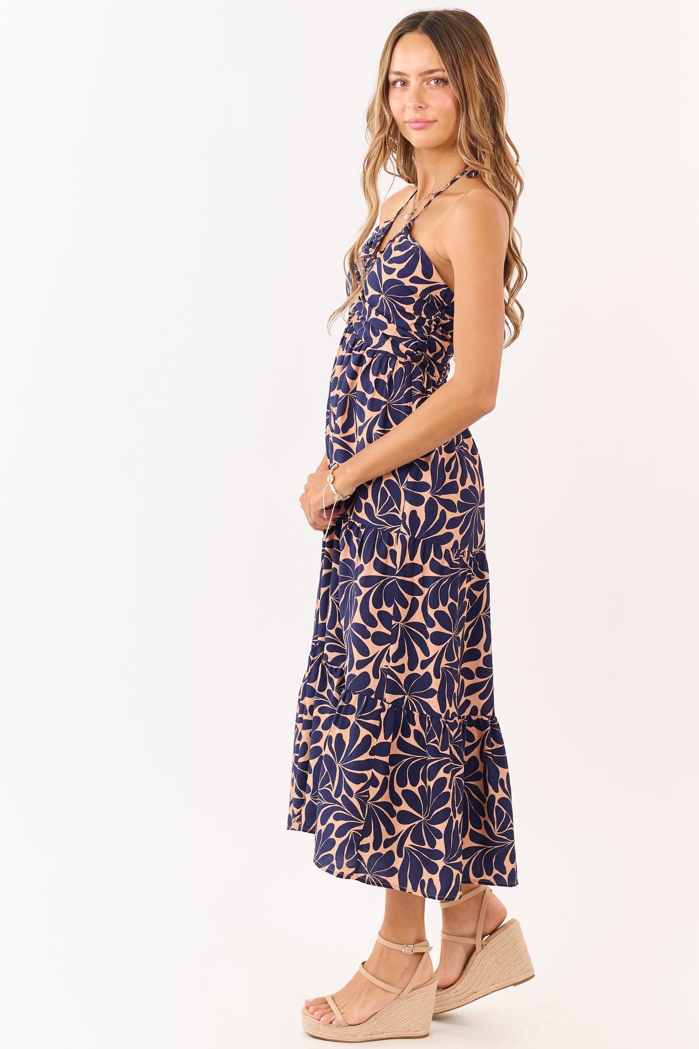 Apricot Botanical Abstract Print Halter Maxi Dress