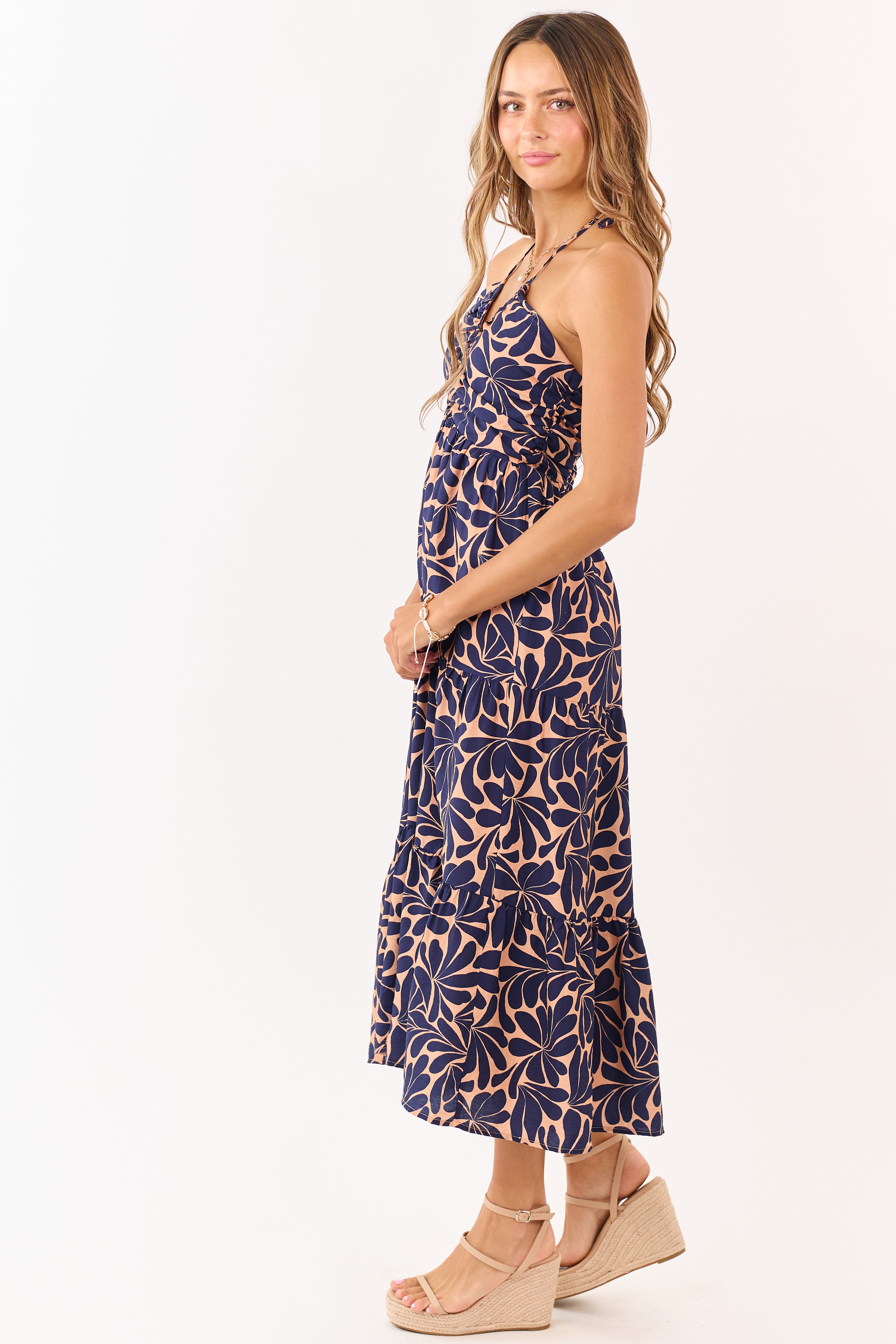 Apricot Botanical Abstract Print Halter Maxi Dress