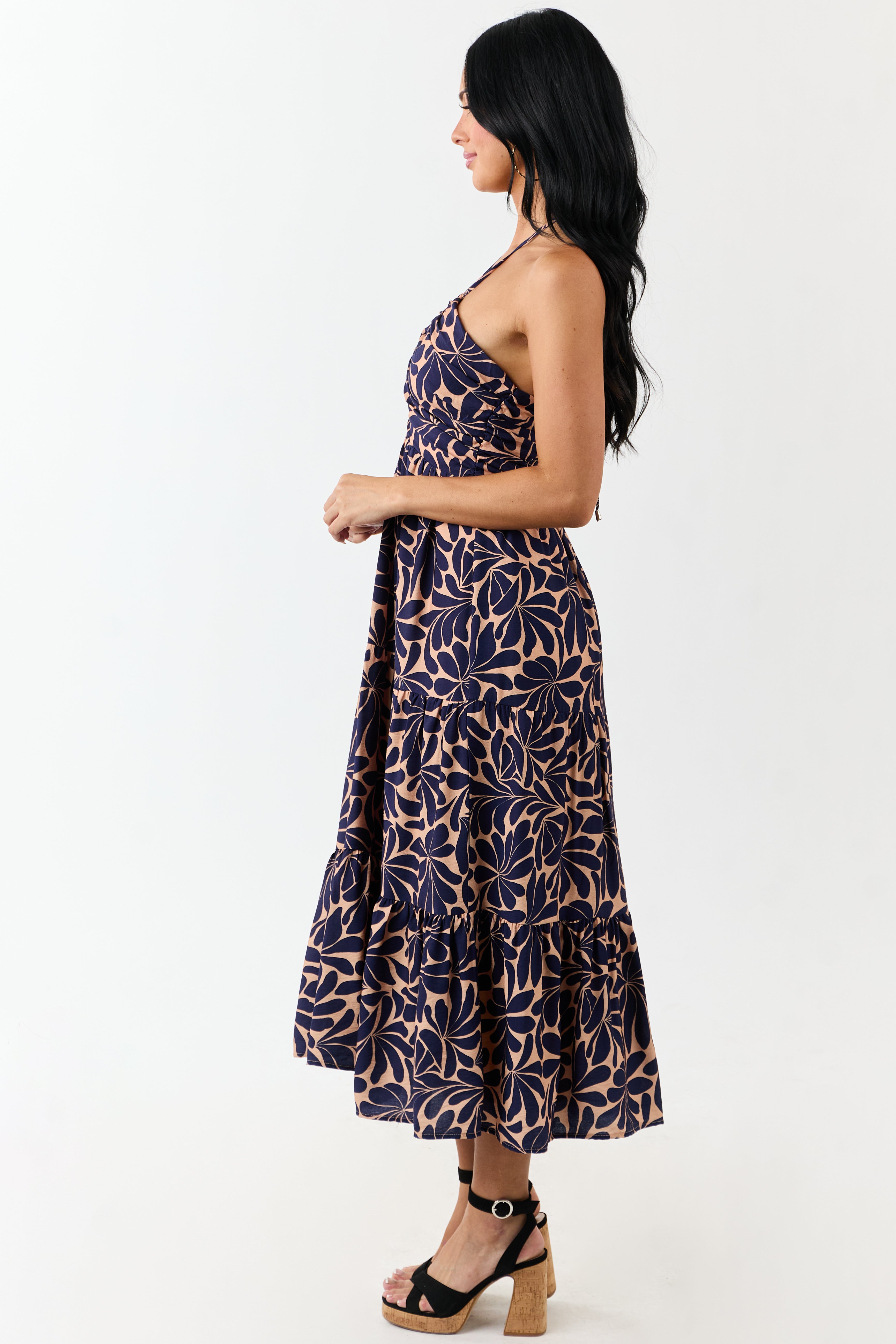Apricot Botanical Abstract Print Halter Maxi Dress