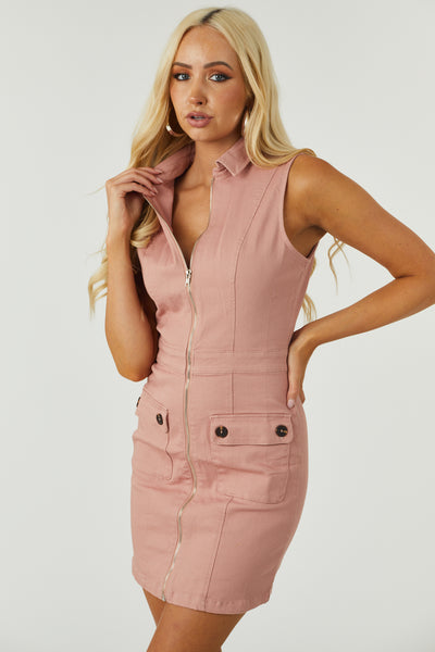 Apricot Collared Zip Front Sleeveless Denim Dress