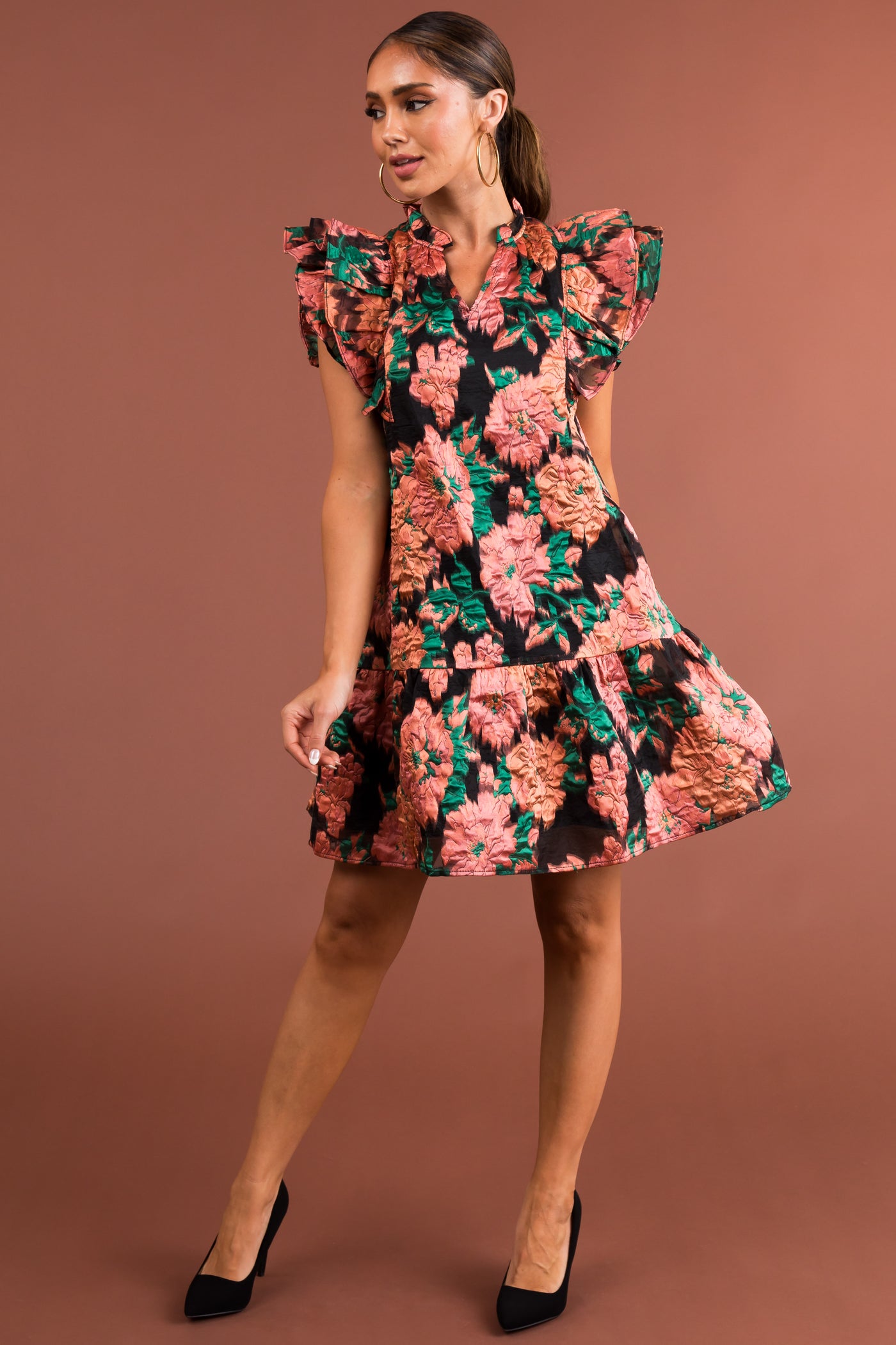Apricot Floral Print Flutter Sleeve Short Dress