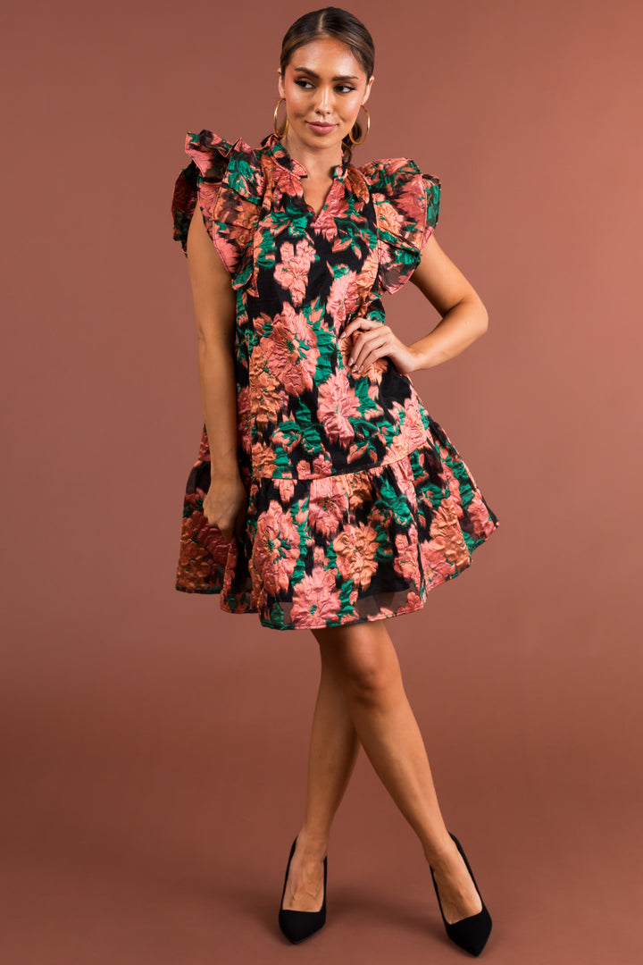 Apricot Floral Print Flutter Sleeve Short Dress