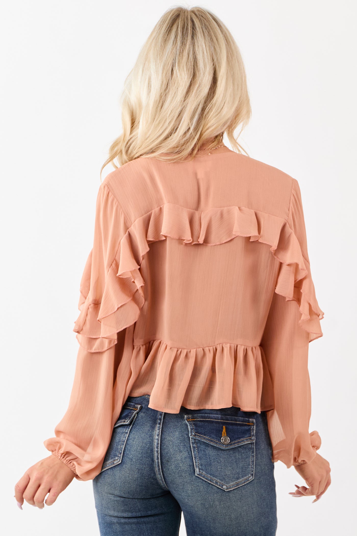 Apricot Pintuck Open Tie Front Peplum Blouse
