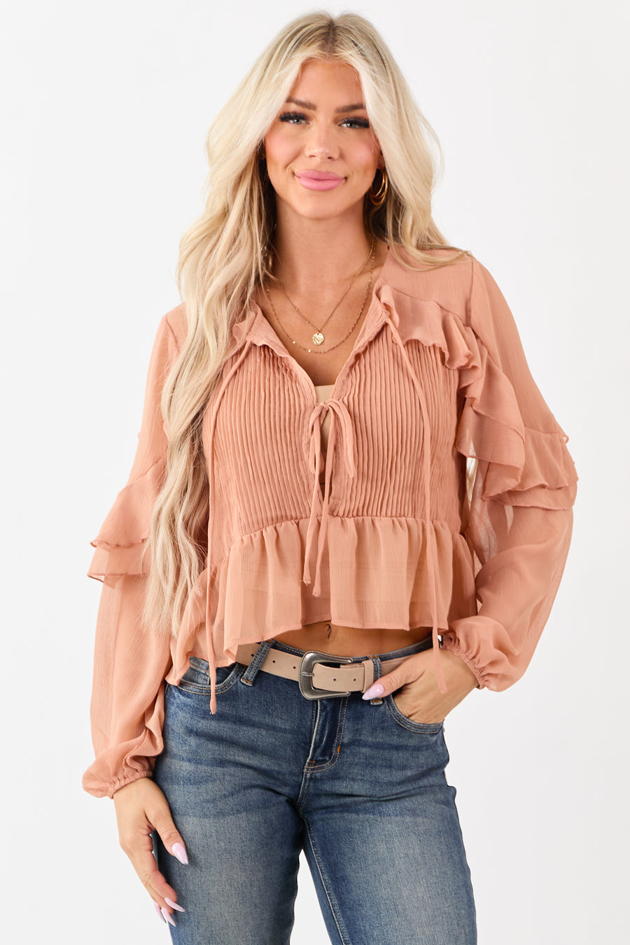 Apricot Pintuck Open Tie Front Peplum Blouse