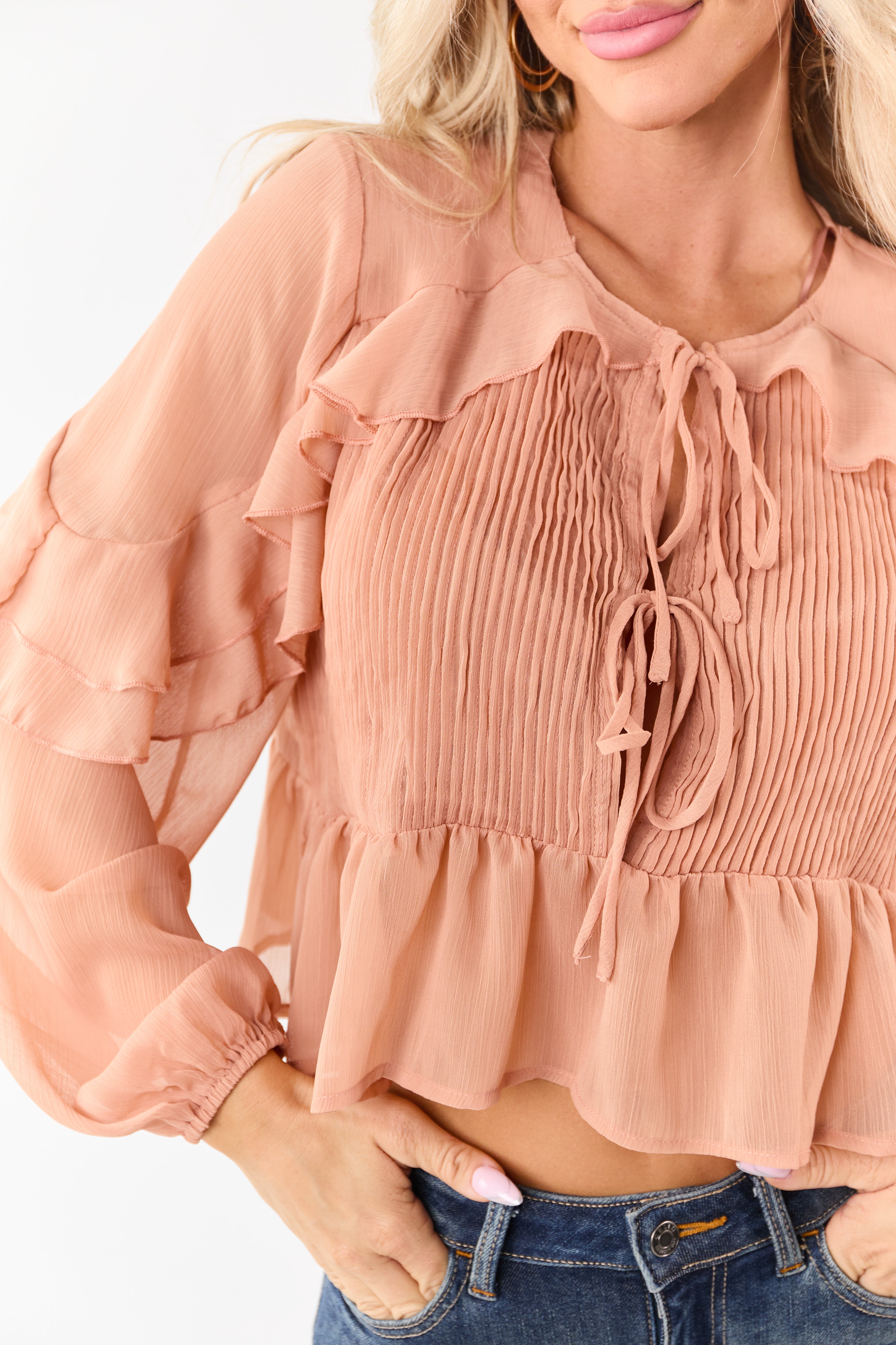 Apricot Pintuck Open Tie Front Peplum Blouse