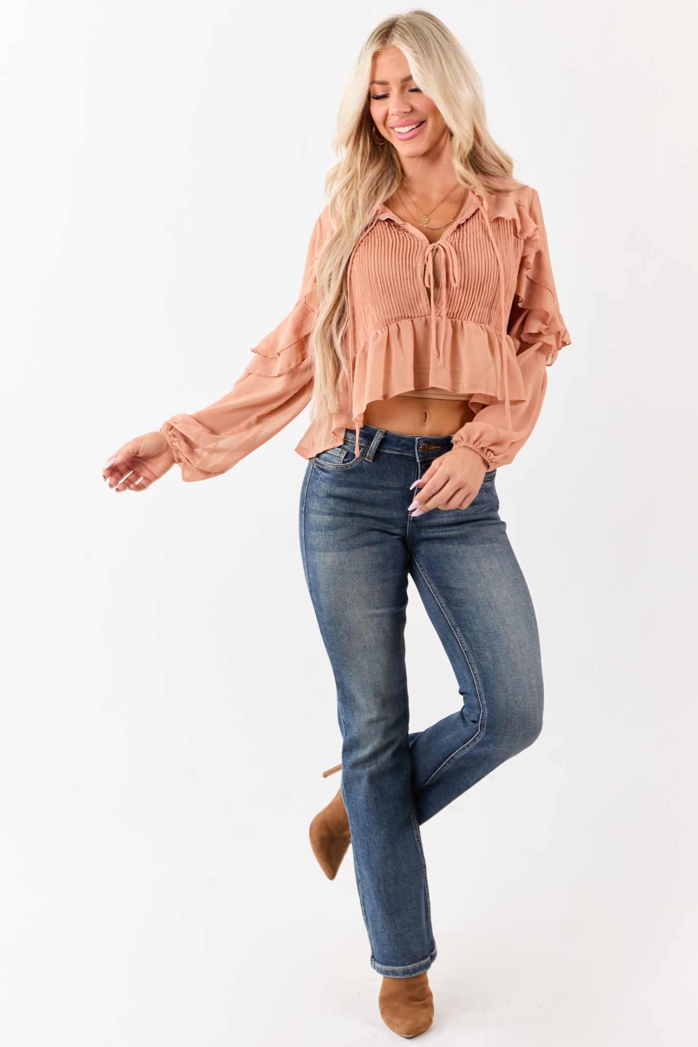 Apricot Pintuck Open Tie Front Peplum Blouse