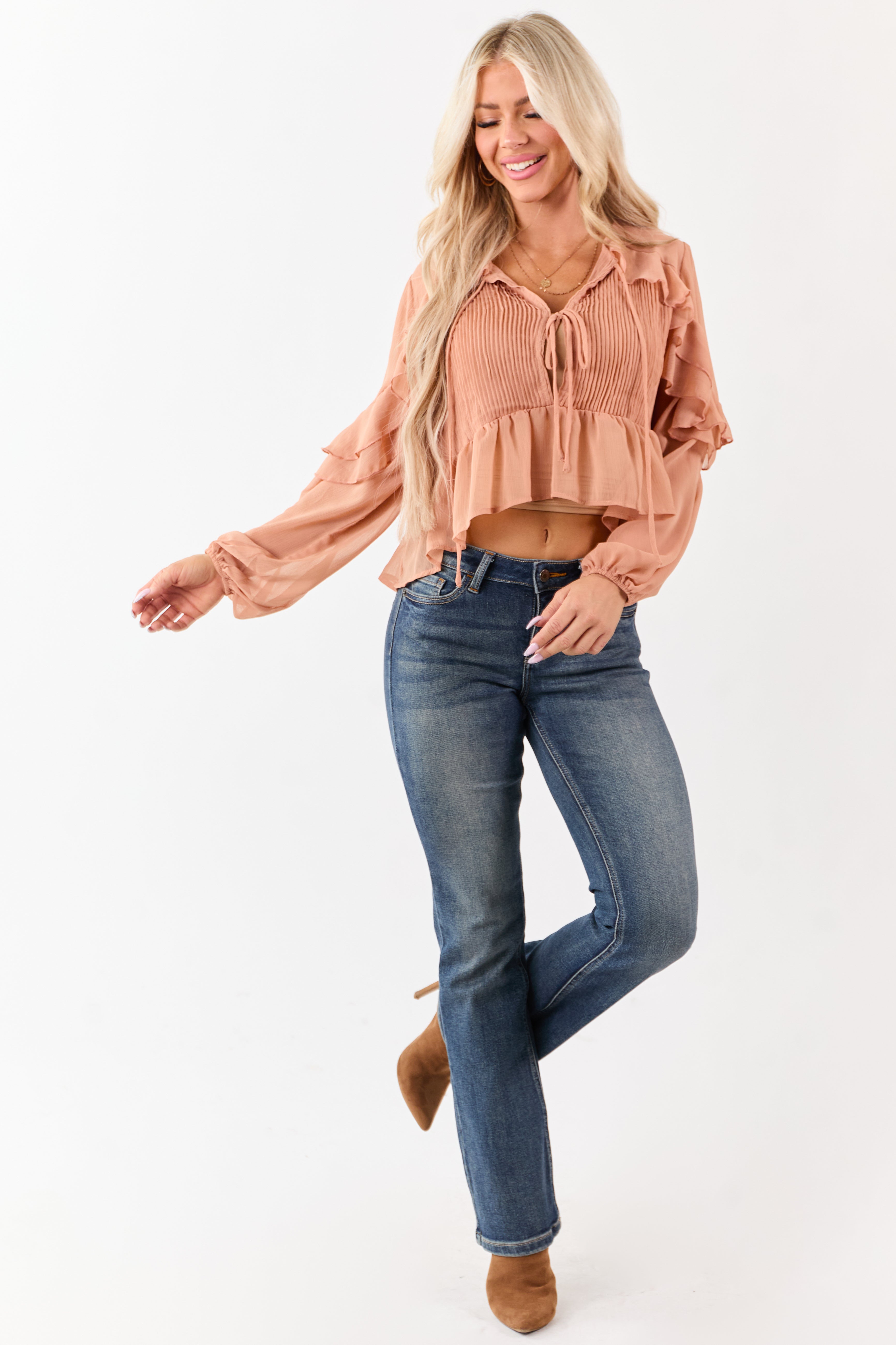 Apricot Pintuck Open Tie Front Peplum Blouse