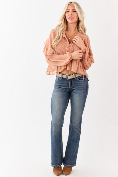 Apricot Pintuck Open Tie Front Peplum Blouse
