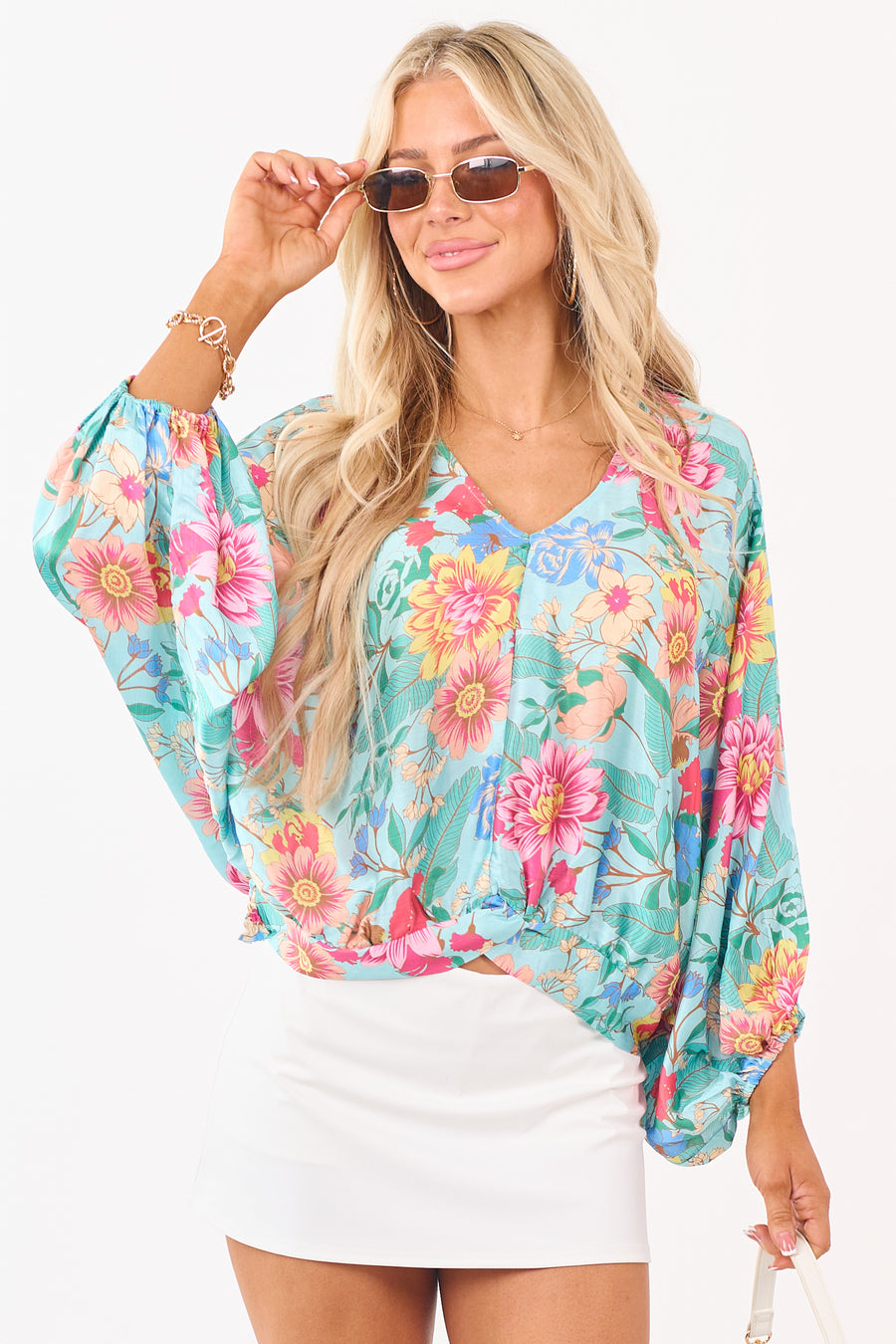 Aqua Satin Floral Print V-Neck Dolman Sleeve Top
