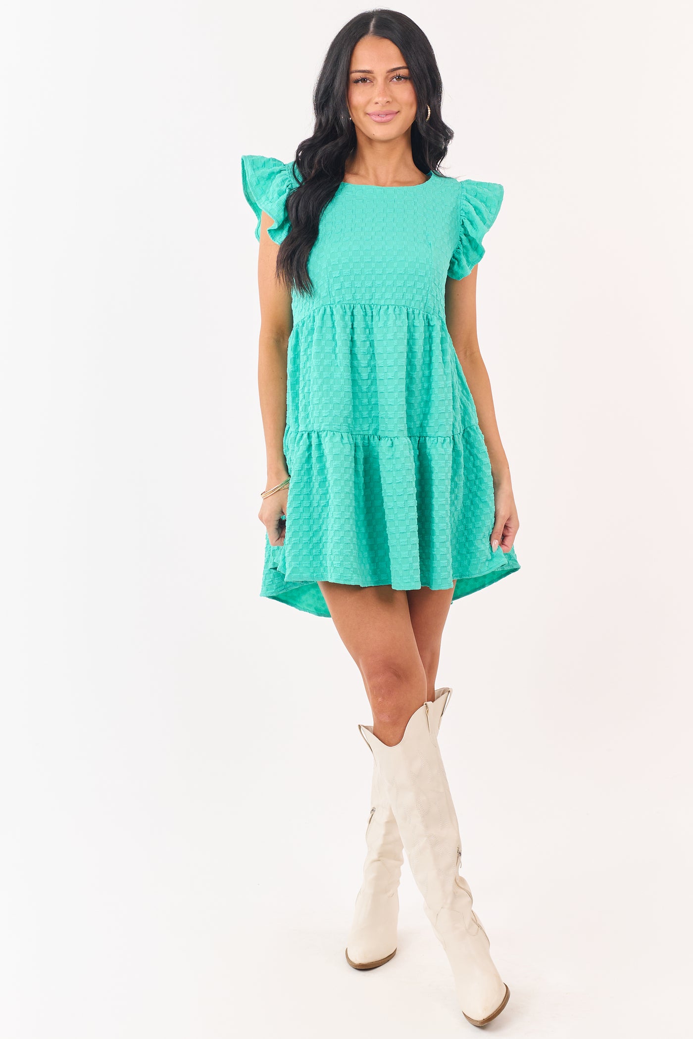 Aquamarine Textured Checkered Cap Sleeve Mini Dress