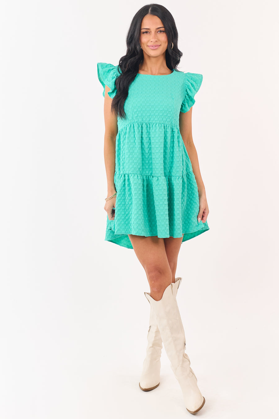 Aquamarine Textured Checkered Cap Sleeve Mini Dress
