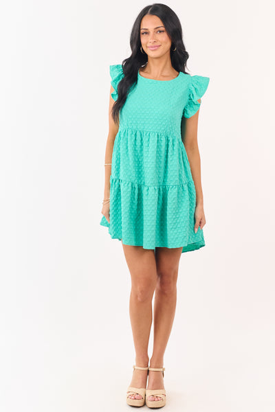 Aquamarine Textured Checkered Cap Sleeve Mini Dress