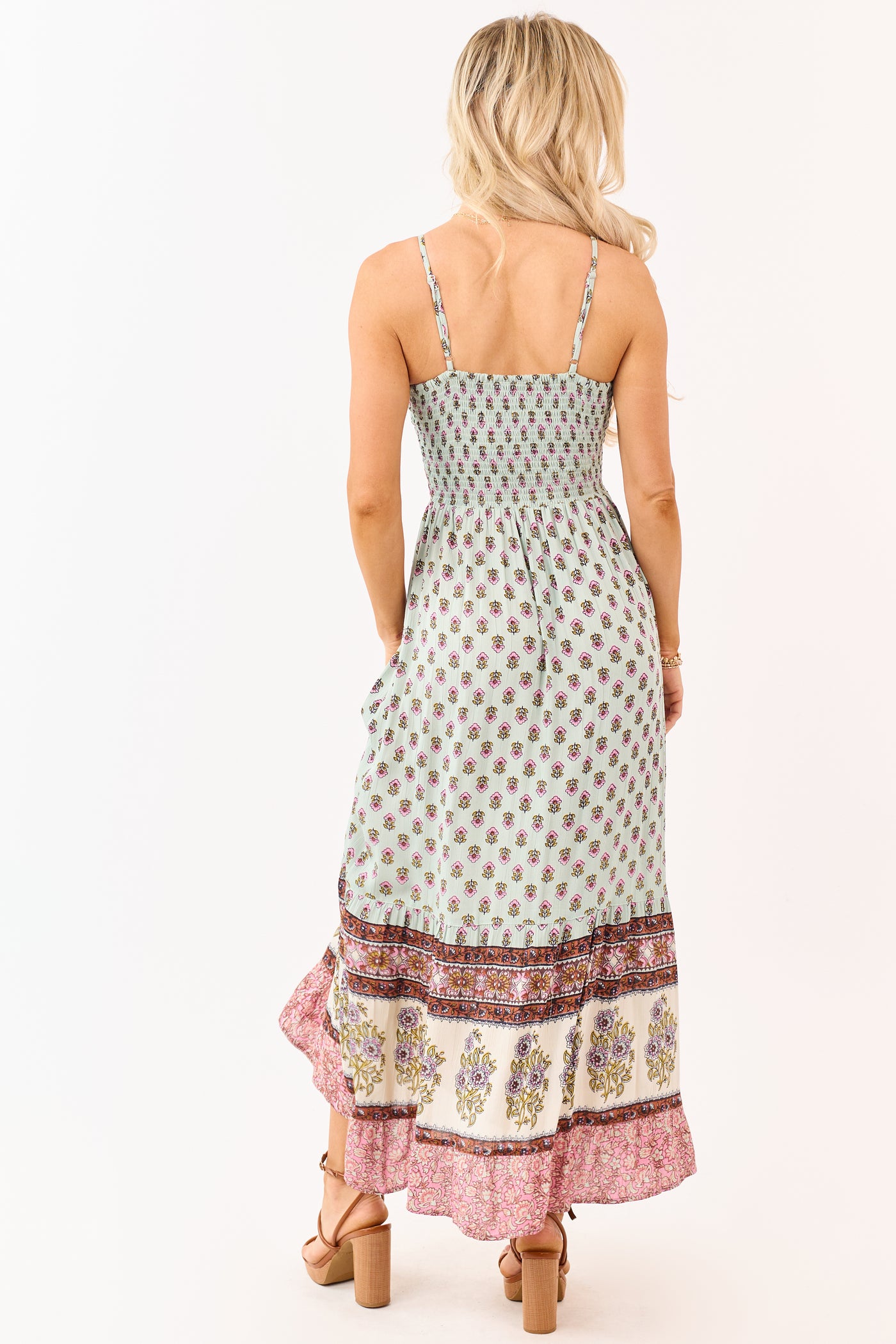 Arctic Blue Boho Floral Front Twist Maxi Dress