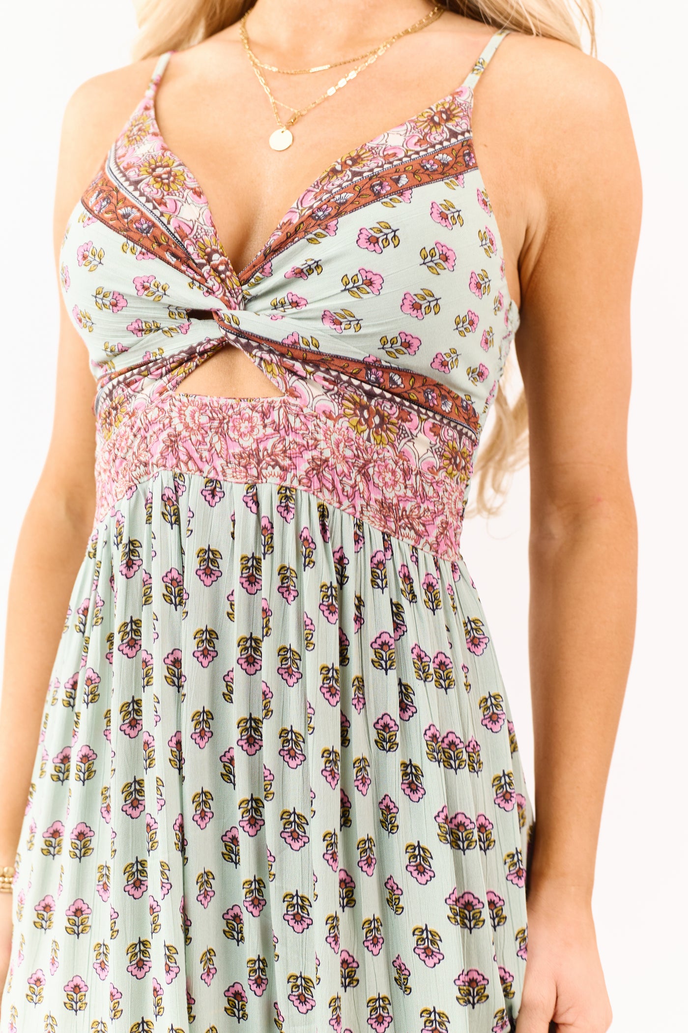 Arctic Blue Boho Floral Front Twist Maxi Dress