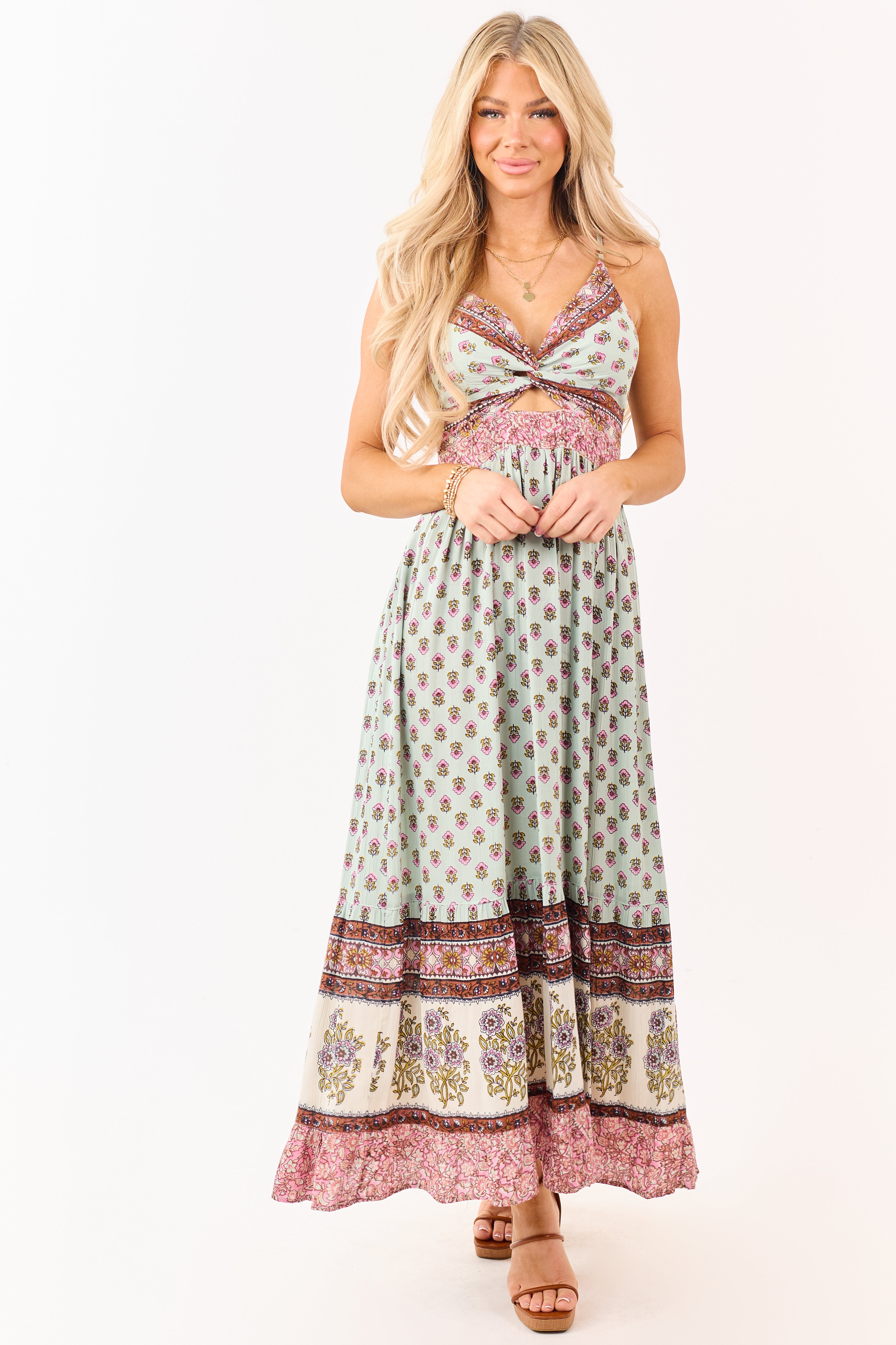 Arctic Blue Boho Floral Front Twist Maxi Dress
