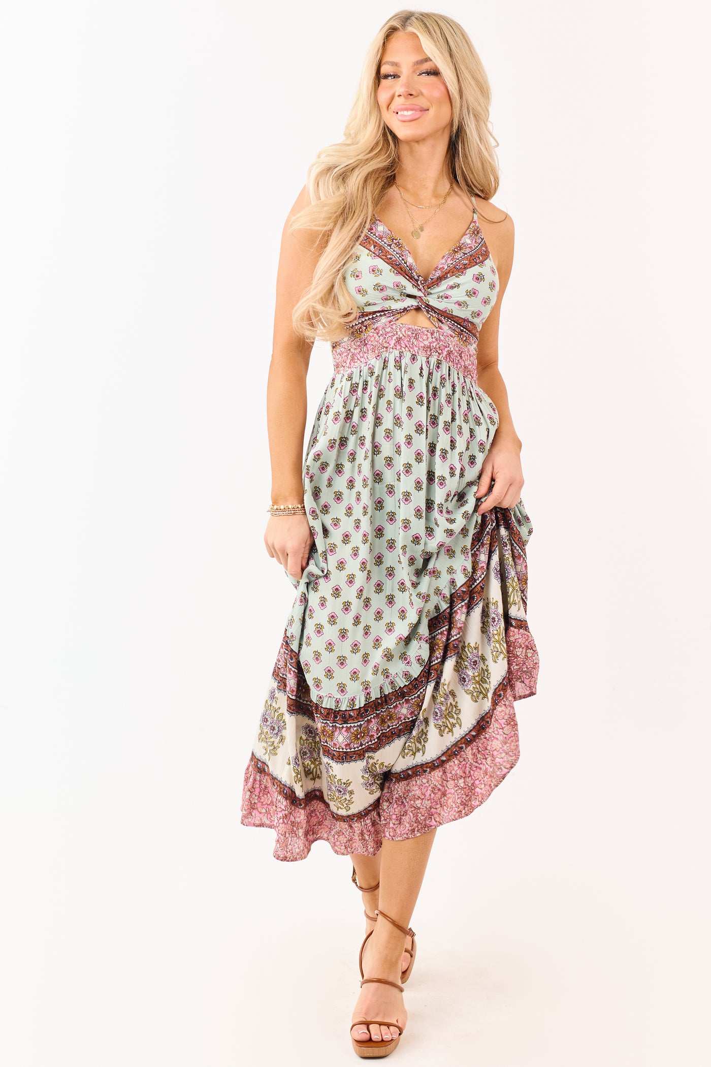 Arctic Blue Boho Floral Front Twist Maxi Dress