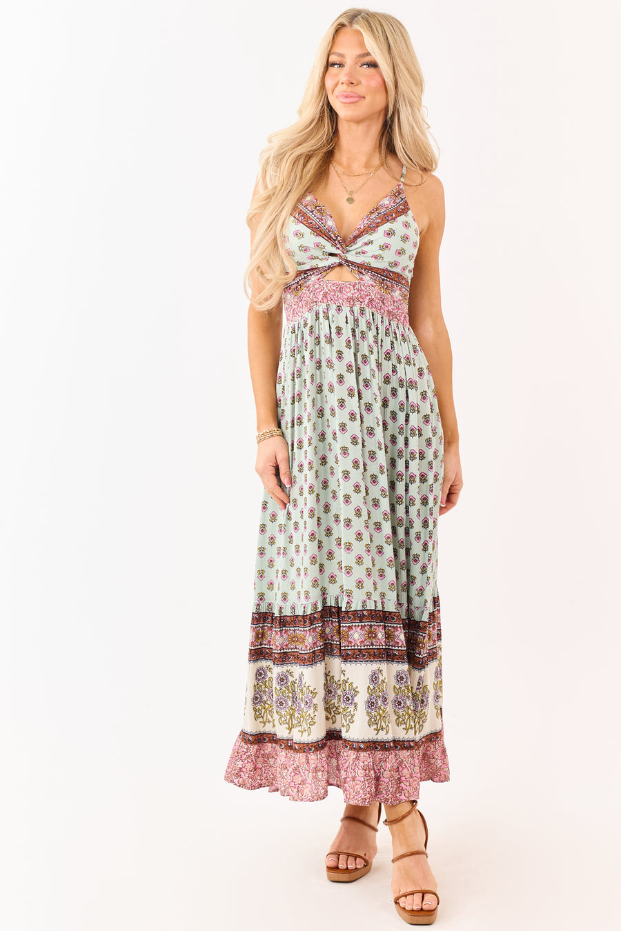 Arctic Blue Boho Floral Front Twist Maxi Dress
