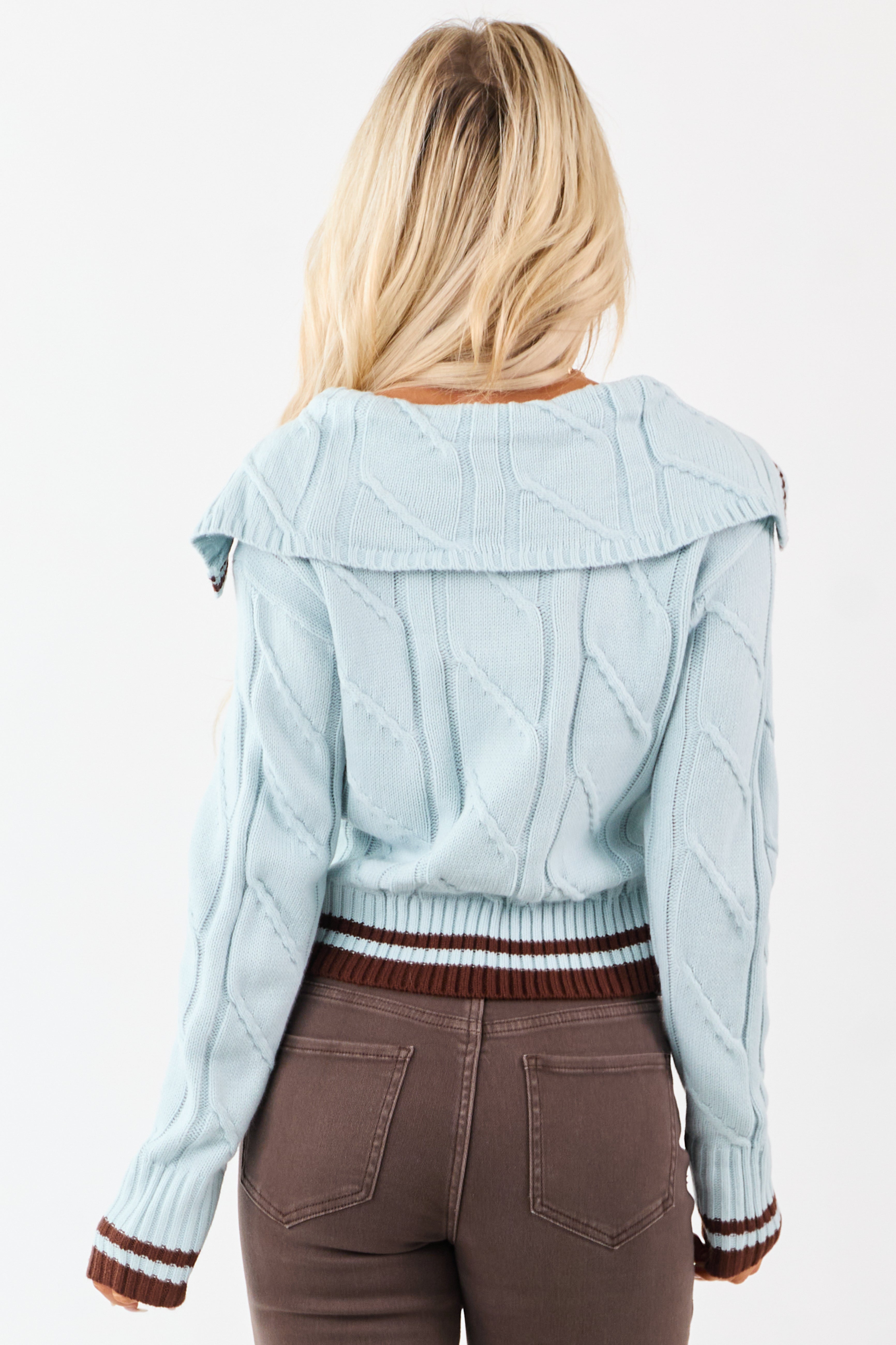 Arctic Blue Collared Striped Trim Cable Knit Sweater