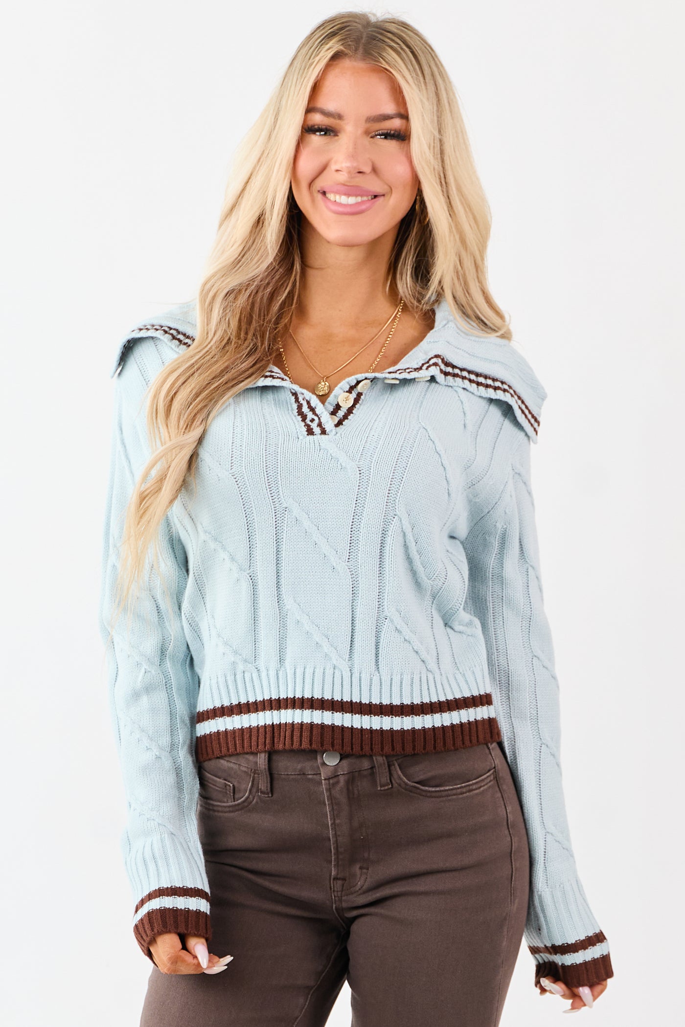Arctic Blue Collared Striped Trim Cable Knit Sweater