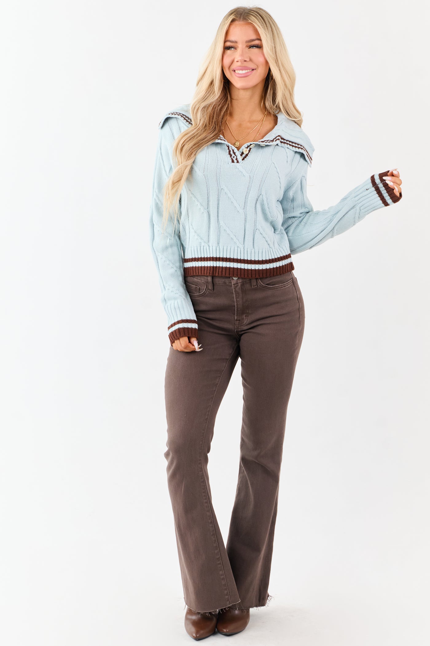 Arctic Blue Collared Striped Trim Cable Knit Sweater