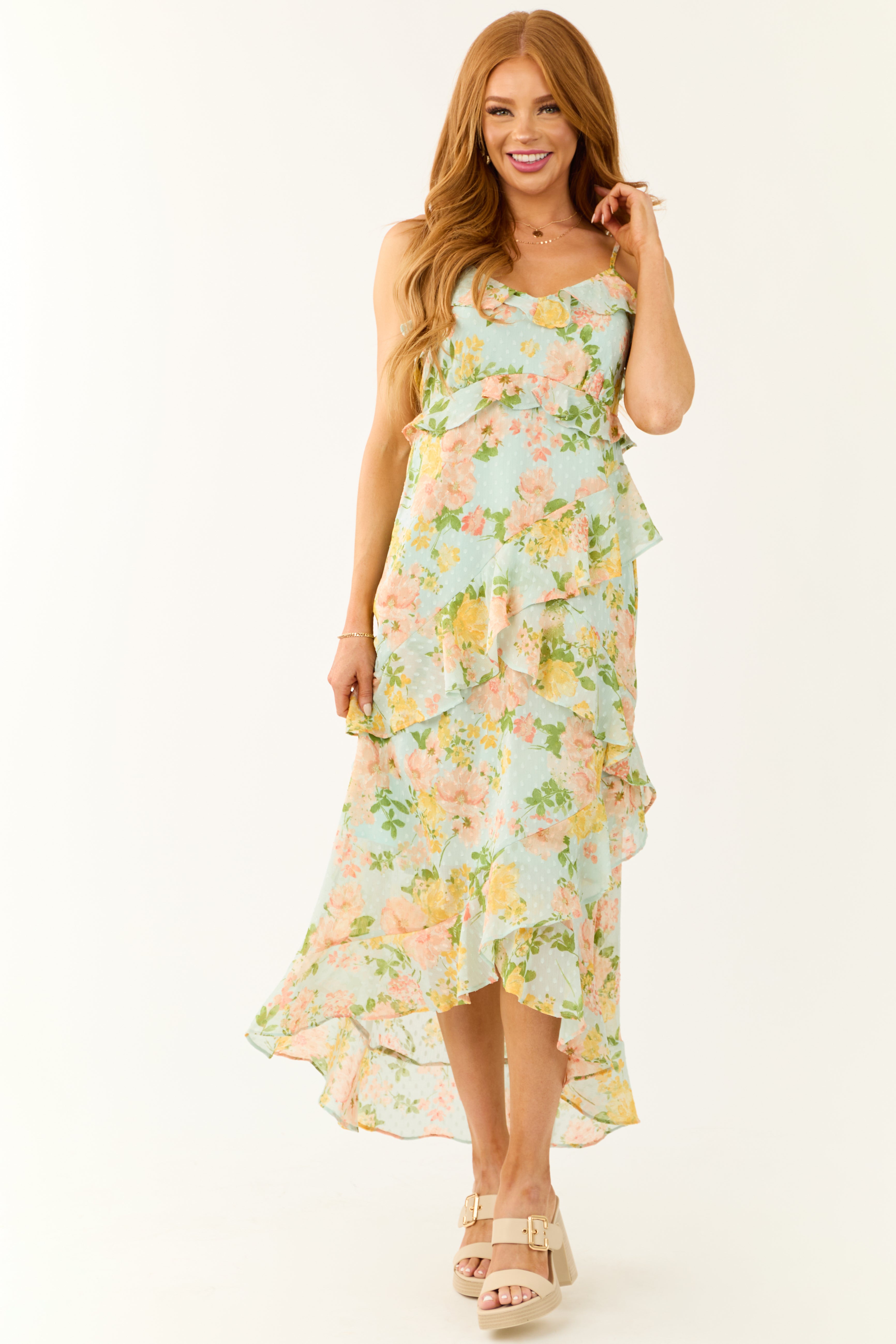 Arctic Blue Floral Clip Dot Ruffle Midi Dress | Lime Lush Boutique Arctic Blue Floral Clip Dot Ruffle Midi Dress | Lime Lush Boutique