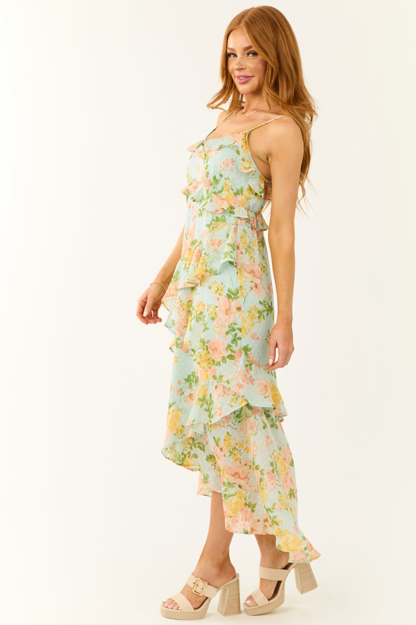Arctic Blue Floral Clip Dot Ruffle Midi Dress