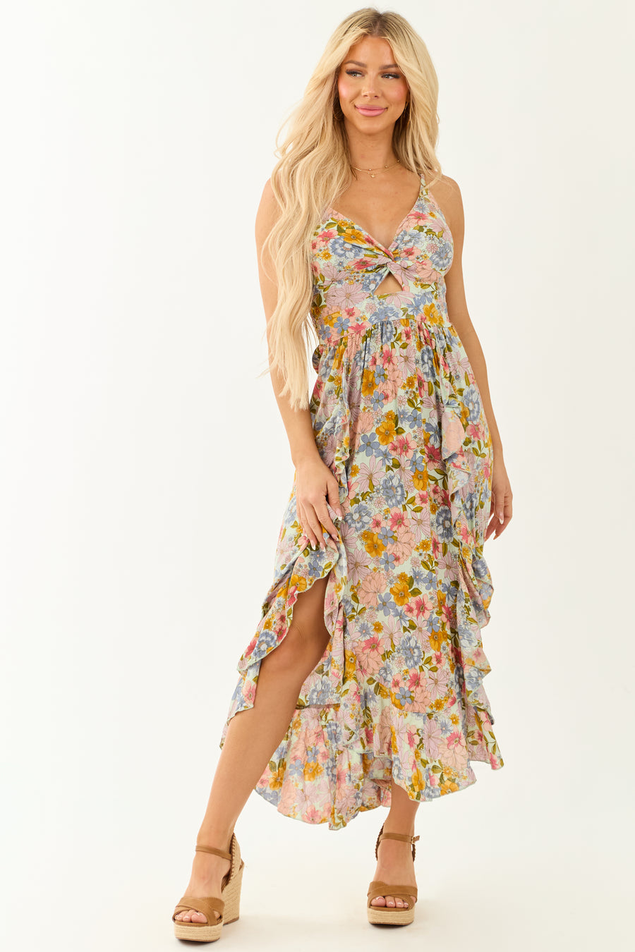 Arctic Blue Floral Print Front Twist Maxi Dress