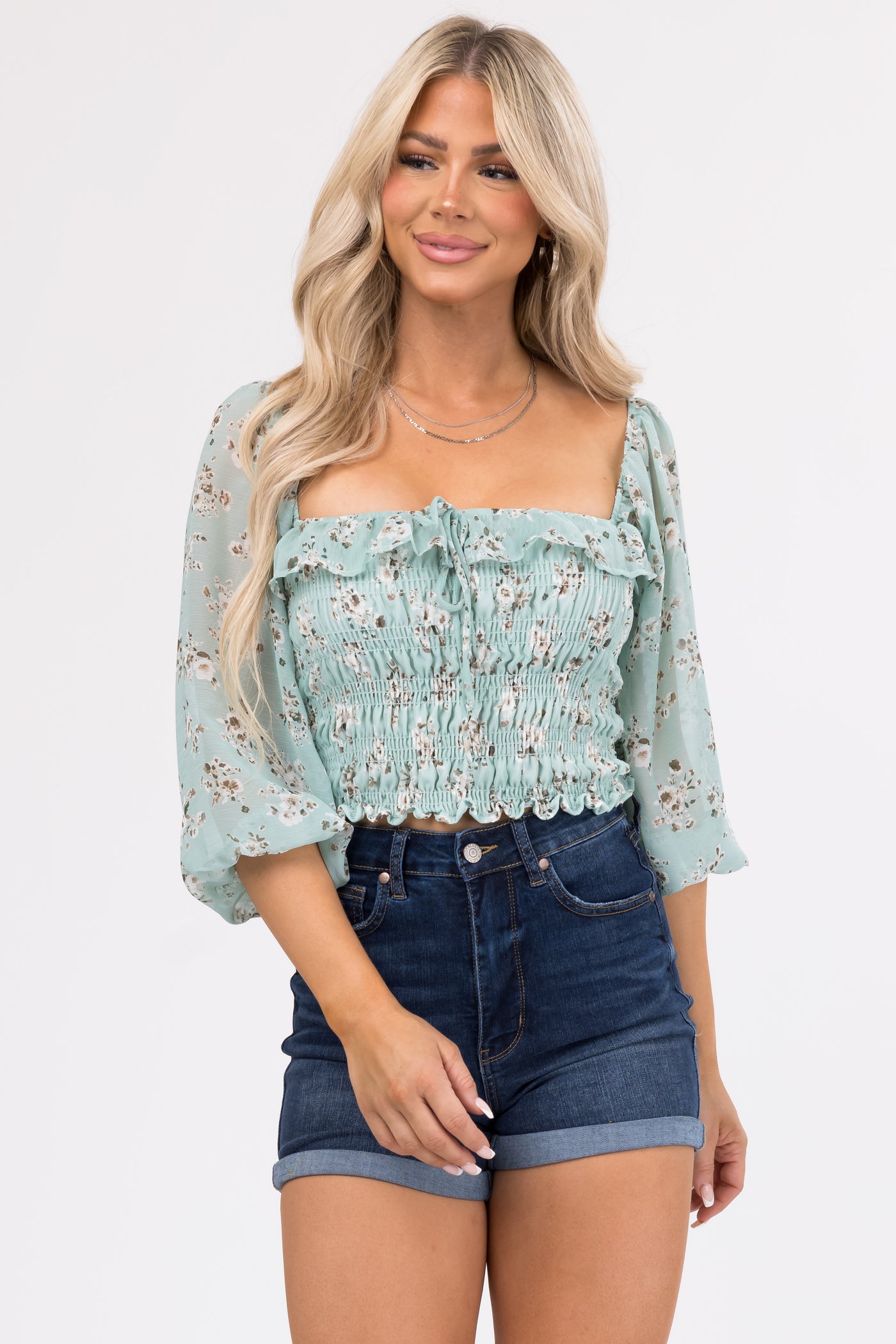 Arctic Blue Floral Print Square Neck Top