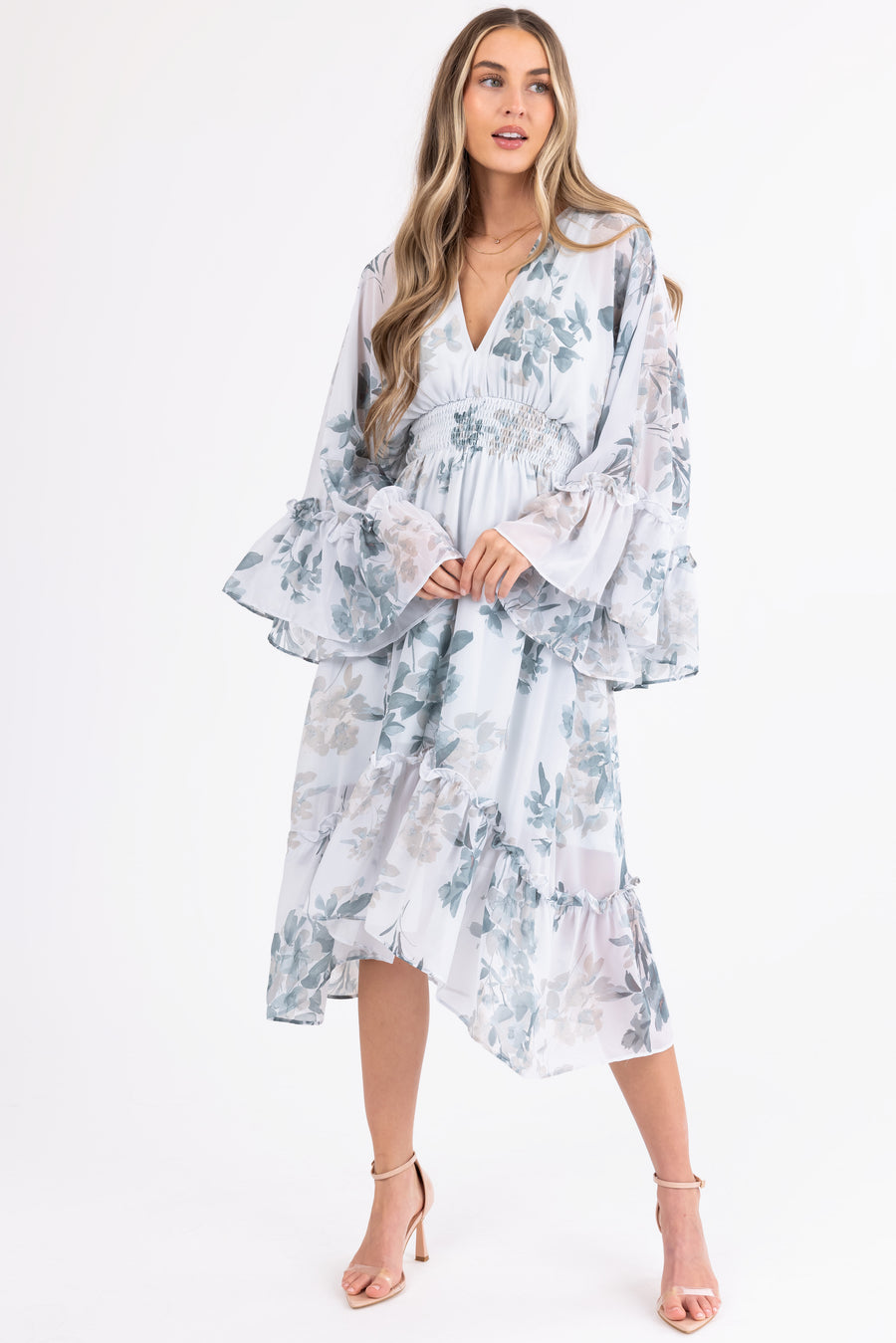 Arctic Blue Floral Print V Neck Midi Dress