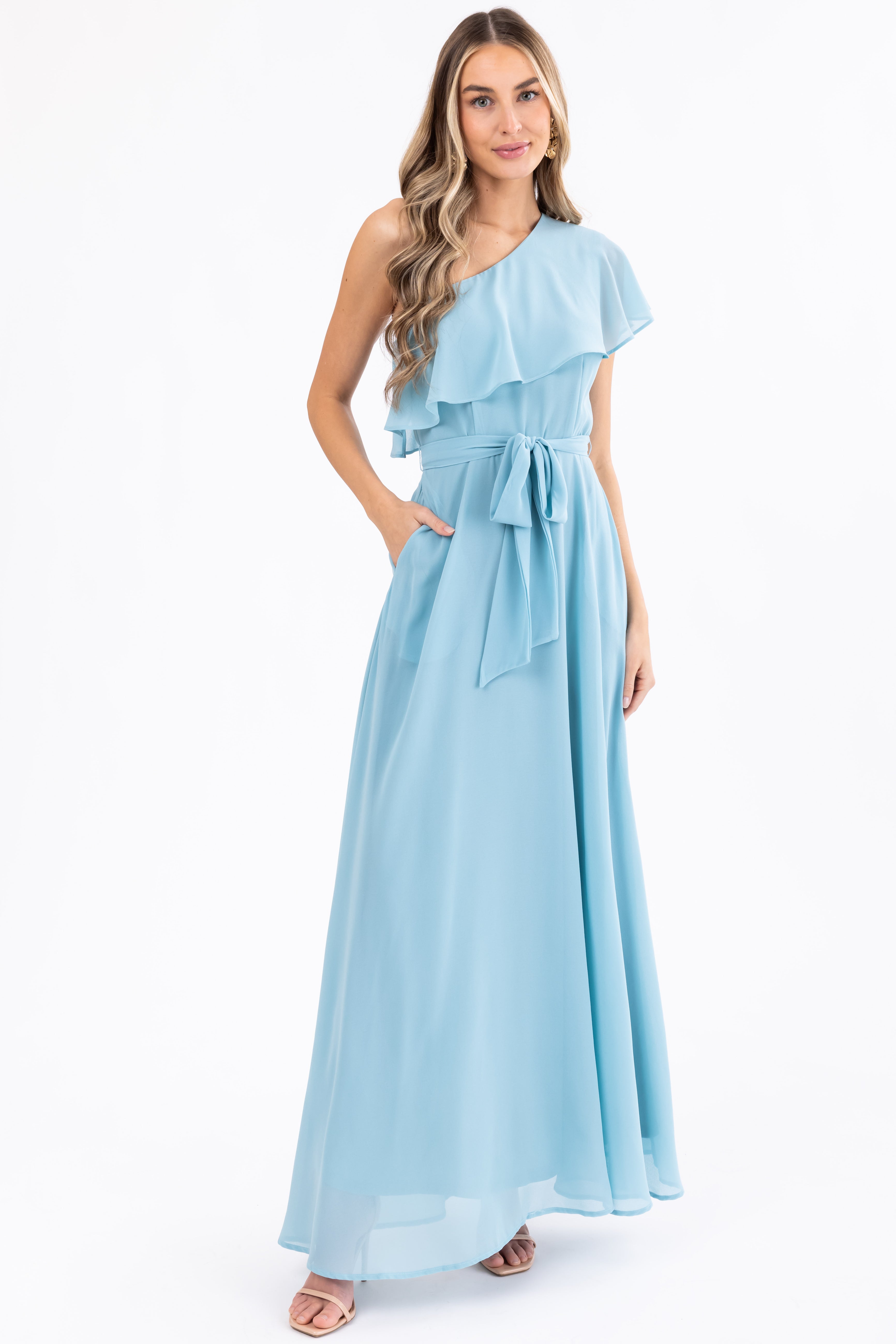 Arctic Blue One Shoulder Ruffle Maxi Dress | Lime Lush Boutique