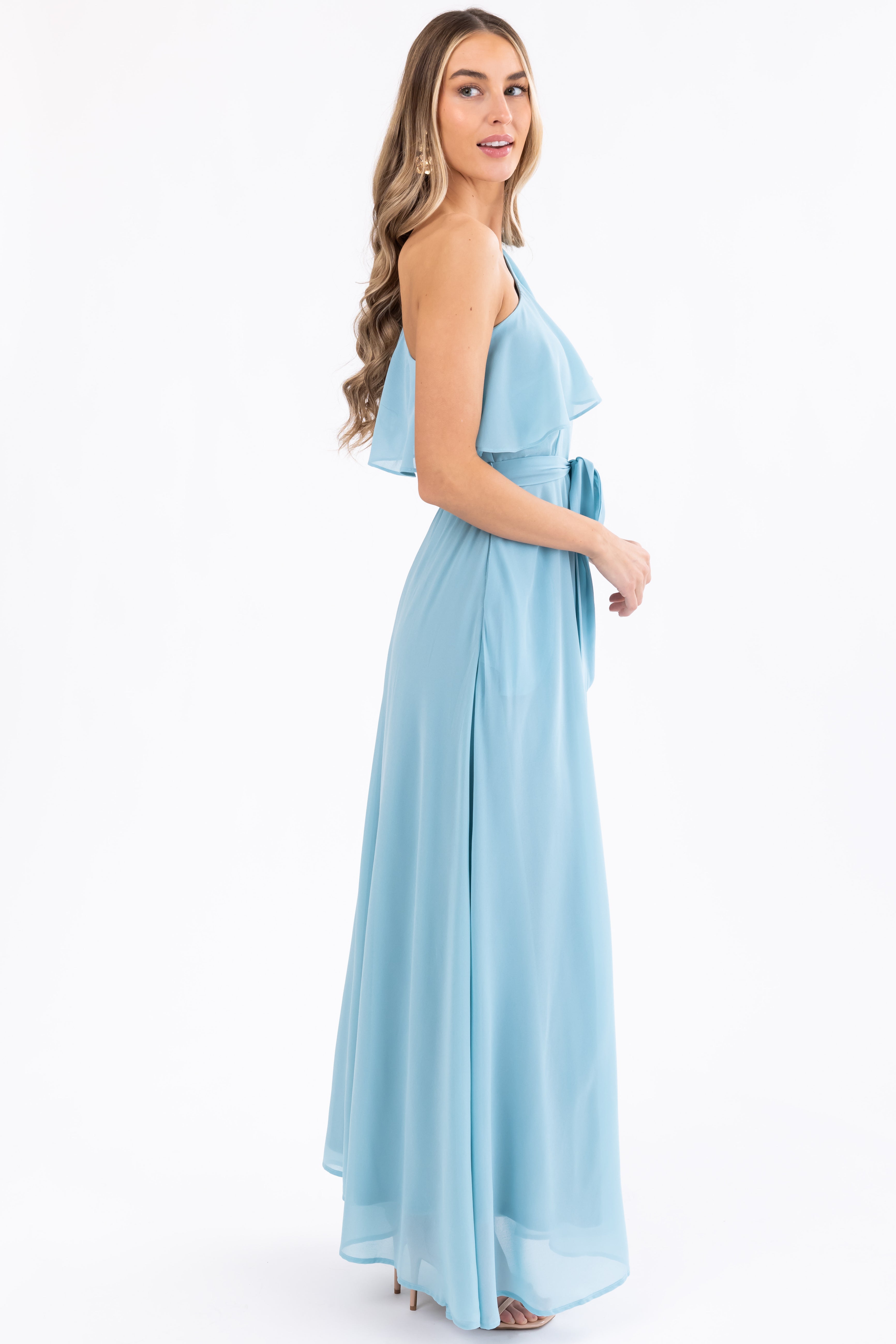 【Loulouseoul】Mild High Club Dress Arctic Blue One Shoulder Ruffle Maxi Dress | Lime Lush Boutique