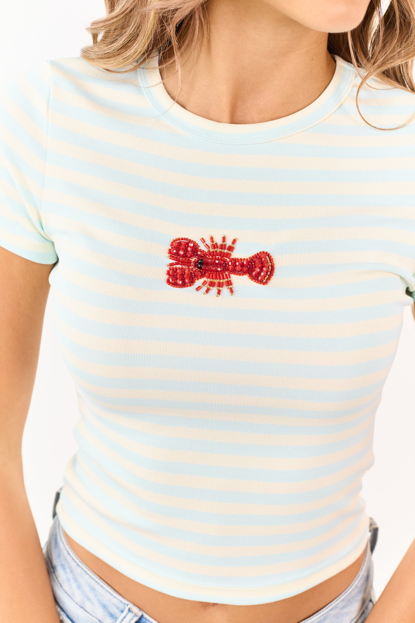 Arctic Blue Striped Beaded Lobster Graphic Tee