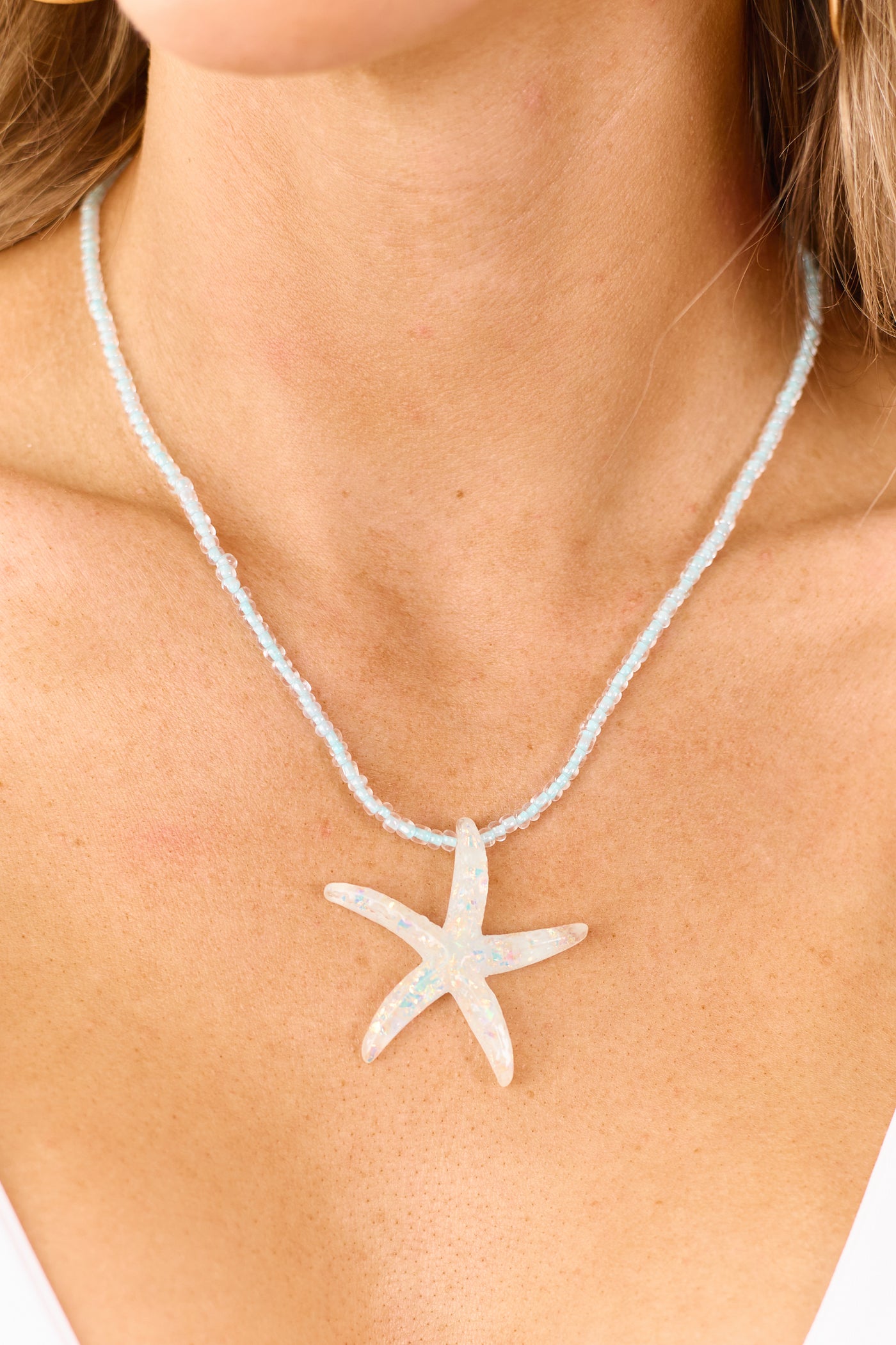 Arctic Blue Beaded Iridescent Starfish Pendant Necklace