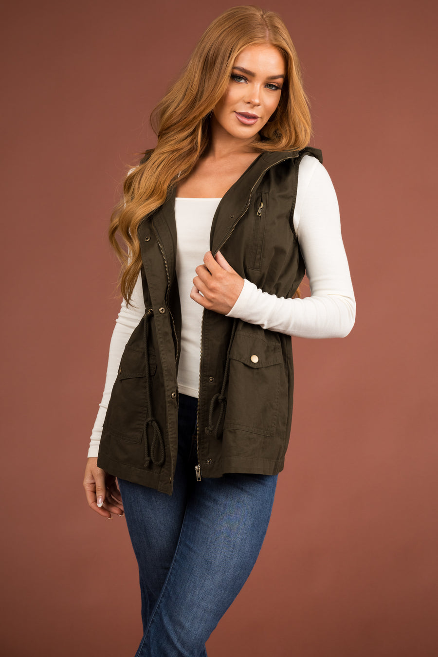 Army Green Buttoned Hooded Drawstring Waist Vest