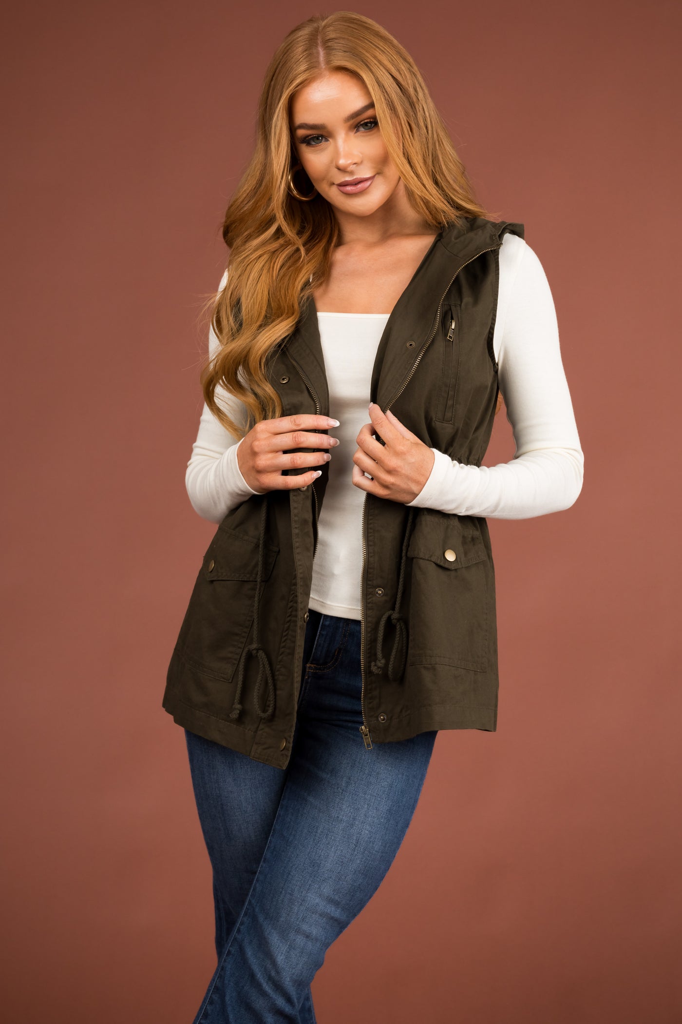 Army Green Buttoned Hooded Drawstring Waist Vest