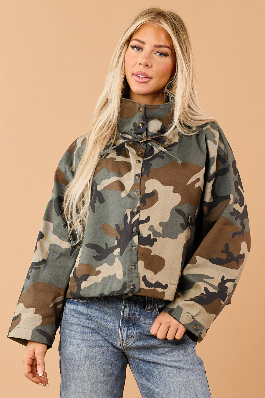 Army Green Camo Button Down Windbreaker Jacket