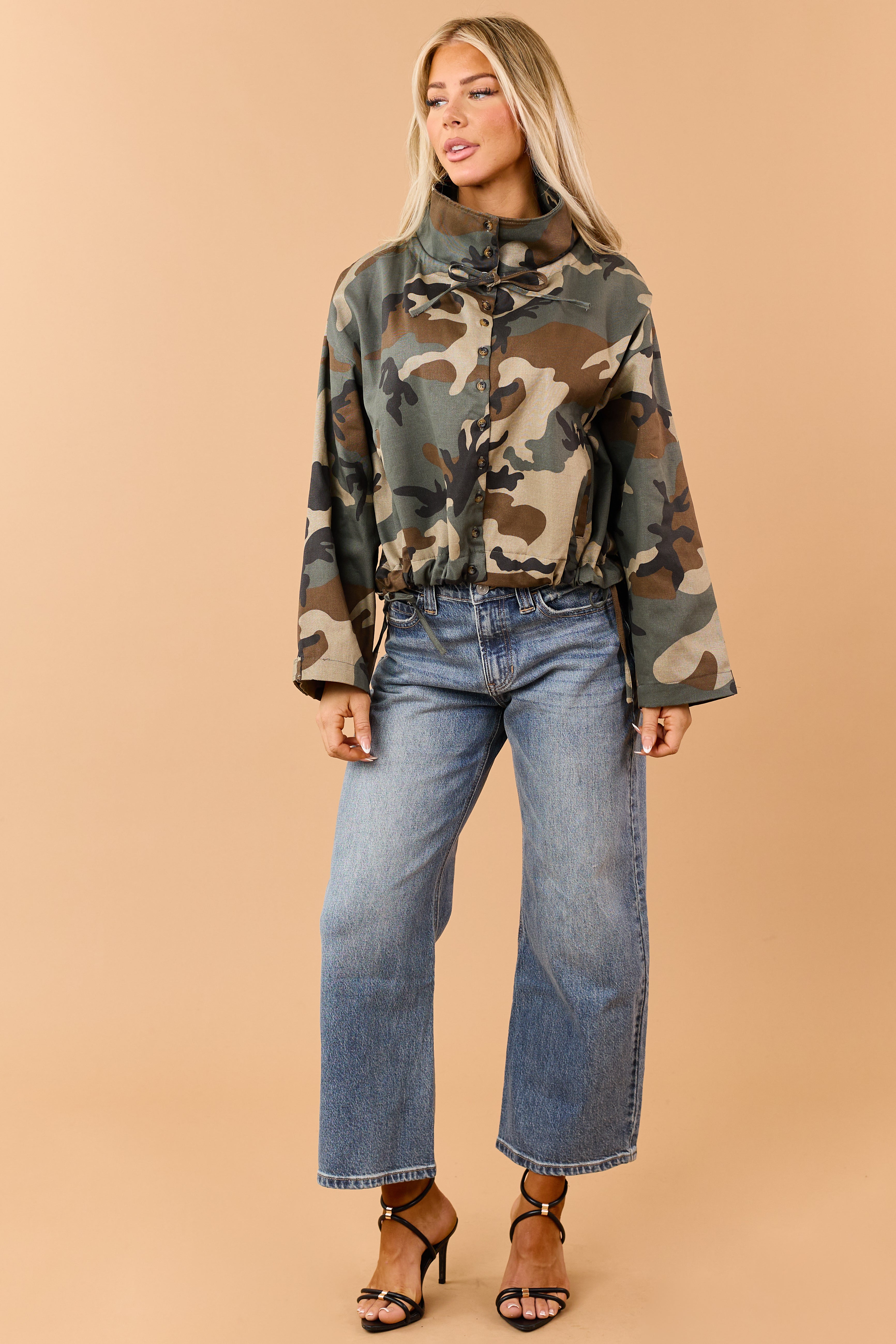 Army Green Camo Button Down Windbreaker Jacket | Lime Lush Boutique